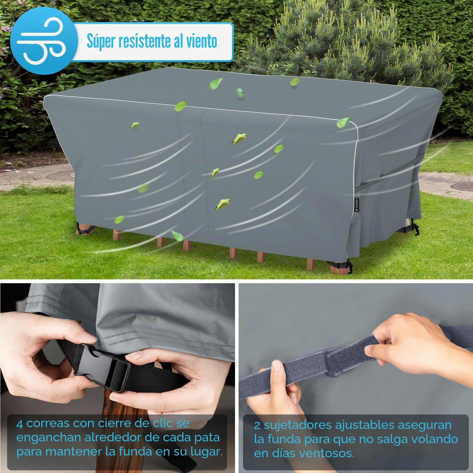 Velway Funda para Muebles de Jardín Impermeable: 242x162x71cm Cubierta de Mesa de Jardín Tela Oxford 600D con Tiras Reflectantes Anti UV Funda Protectora Exterior para Mesa Y Sillas Sofá - Gris