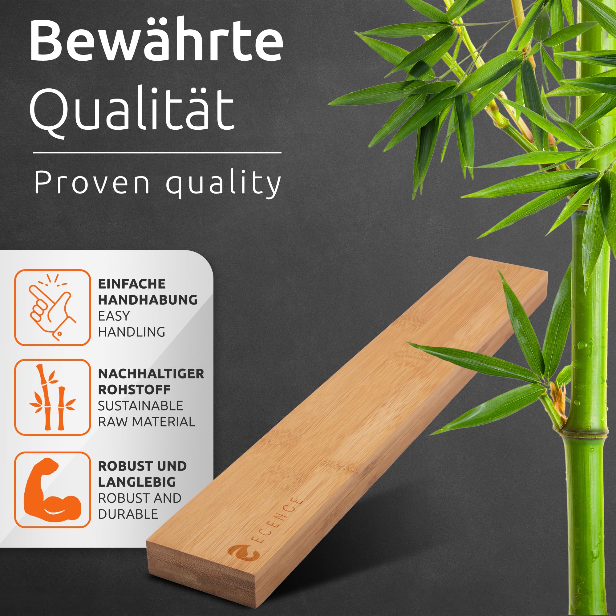 ECENCE Barra magnética para cuchillos bambú - 40cm - súper adherente - Barra para herramientas - Imán Cuchillos Instalación opcional con cinta adhesiva o tornillos