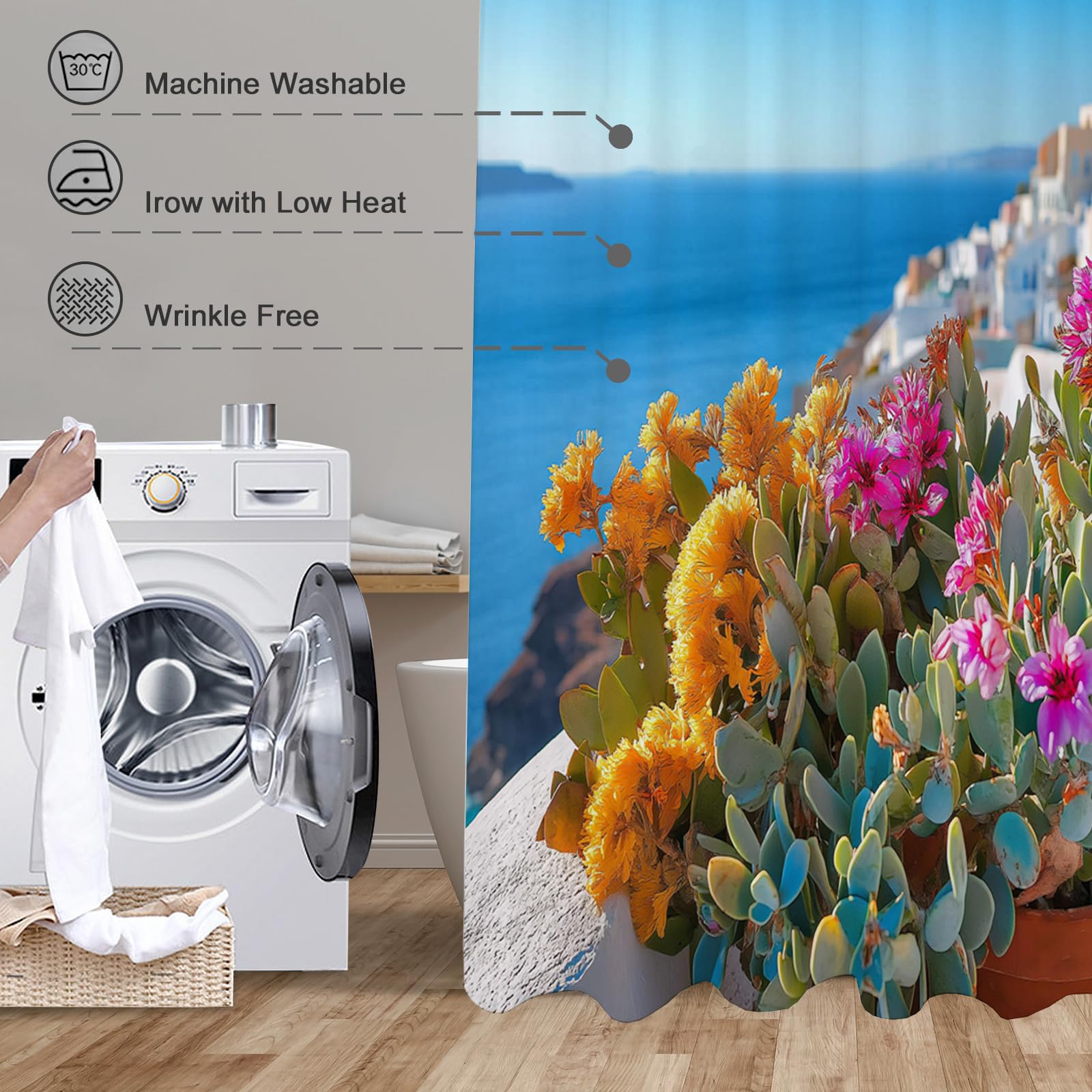 Weißes Gebäude Duschvorhang Anti-Schimmel,Wasserdichter Duschvorhang,Blumen Meer Badewanne Vorhang Schnell Trocknend für Badezimmer,H200 x B180 cm (1er Pack)