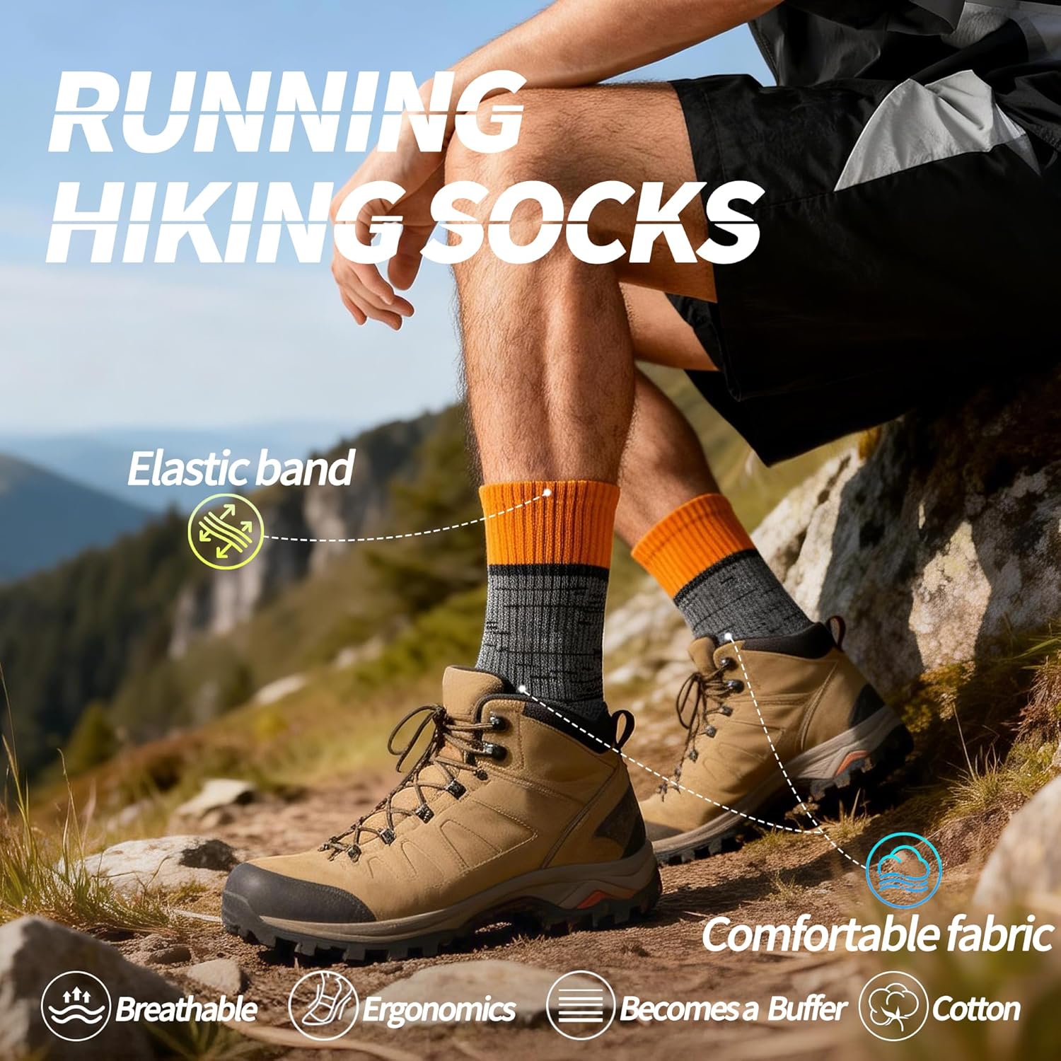 Crew Socks for Men Size 9-12,Compression Athletic Socks,Arch Support,Orange Moisture Wicking Hiking Socks,3 pairs - Image 2
