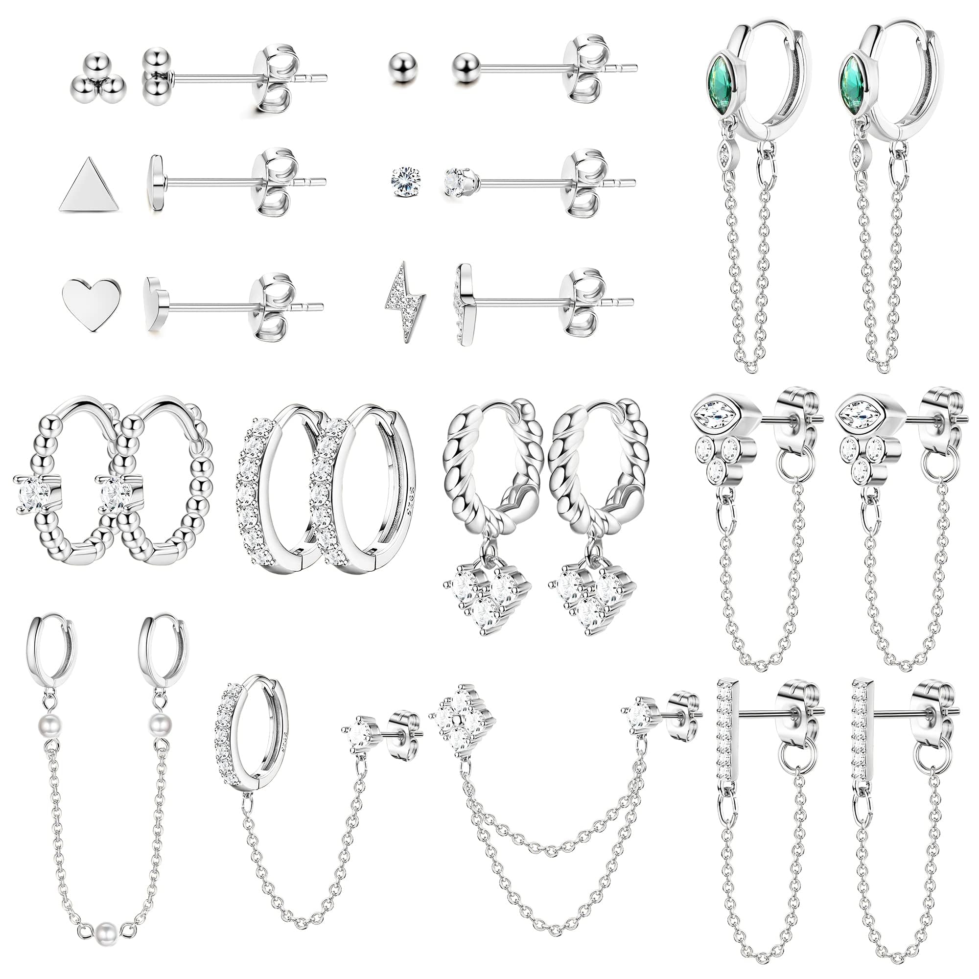 BESTEEL 27Pcs Dainty Gold Earrings Set for Women 14K Gold Plated Stud Hoop Earring Sets for Multiple Piercing Hypoallergenic Surgical Steel Small Dangle Chain Cartilage Earrings