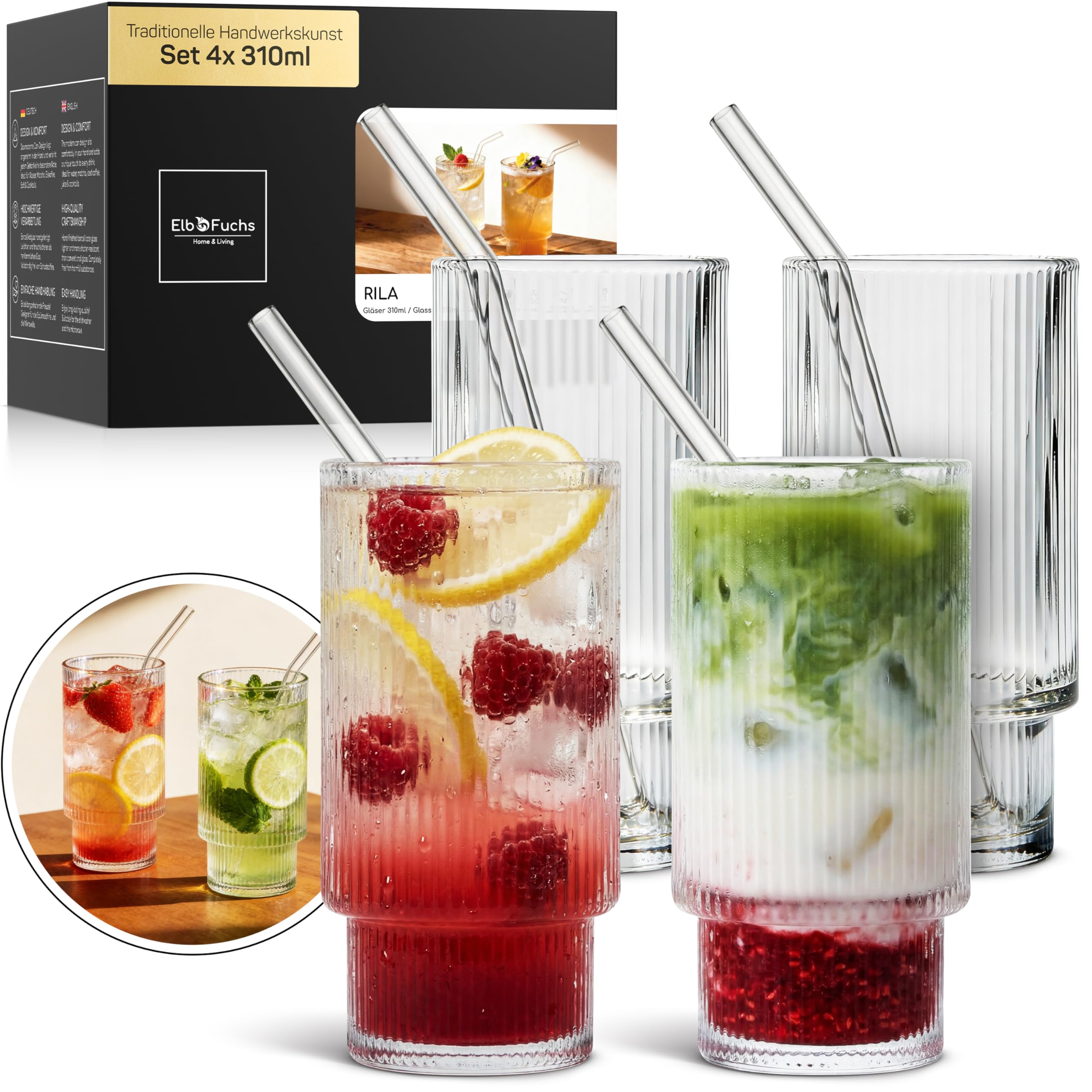 ElbFuchs Szklanki do napojów zestaw 4x 310 ml - ryflowane szklanki highball ze szklanymi słomkami, do koktajli, wody, kawy mrożonej i matchy