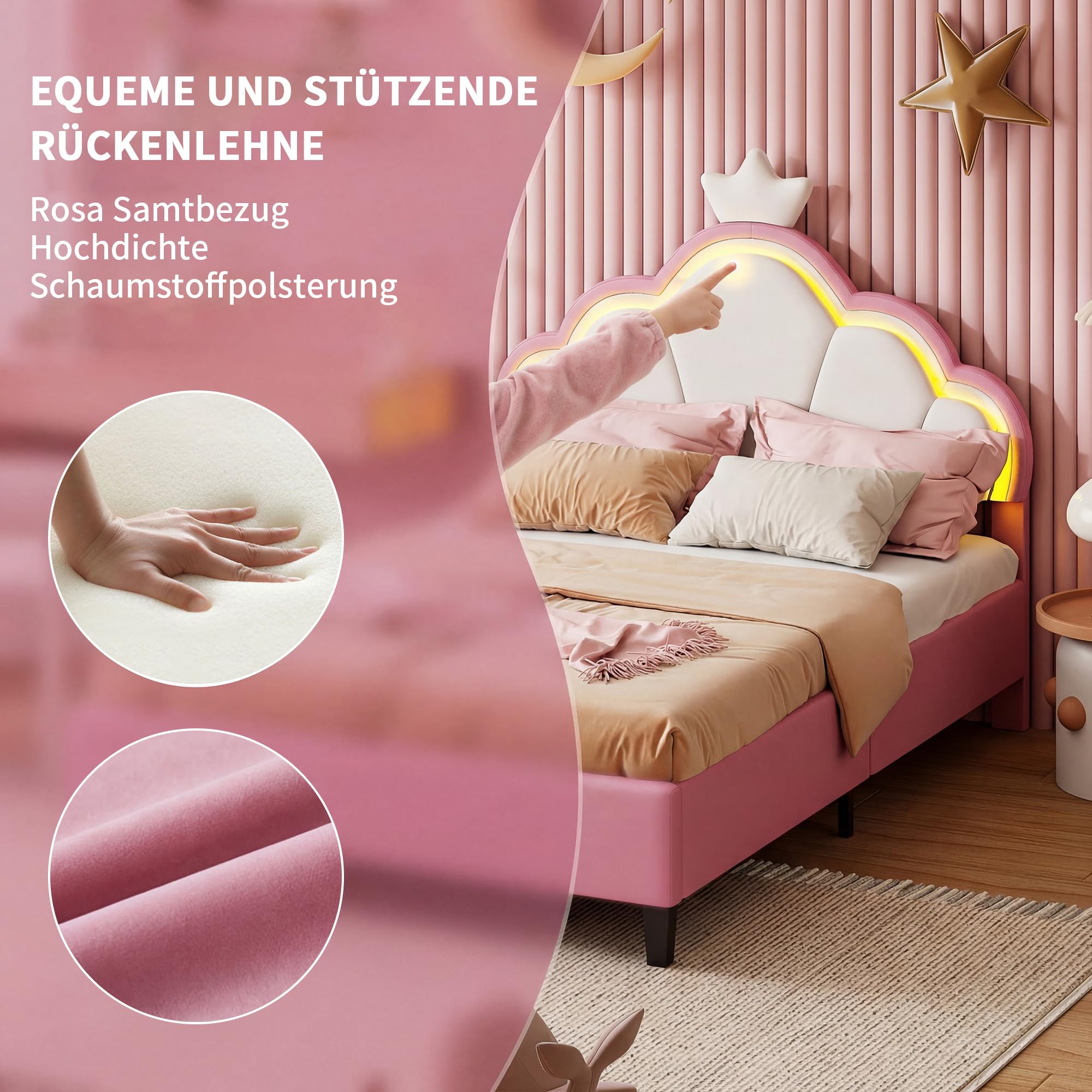 Polsterbett Kinderbett 90x200 cm, Mädchenbett Prinzessinnenbett mit LED, Höhenverstellbares Kopfteil, Einzelbett Bettgestell mit Lattenrost für Schlafzimmer, Loft, Samtstoff, Rosa