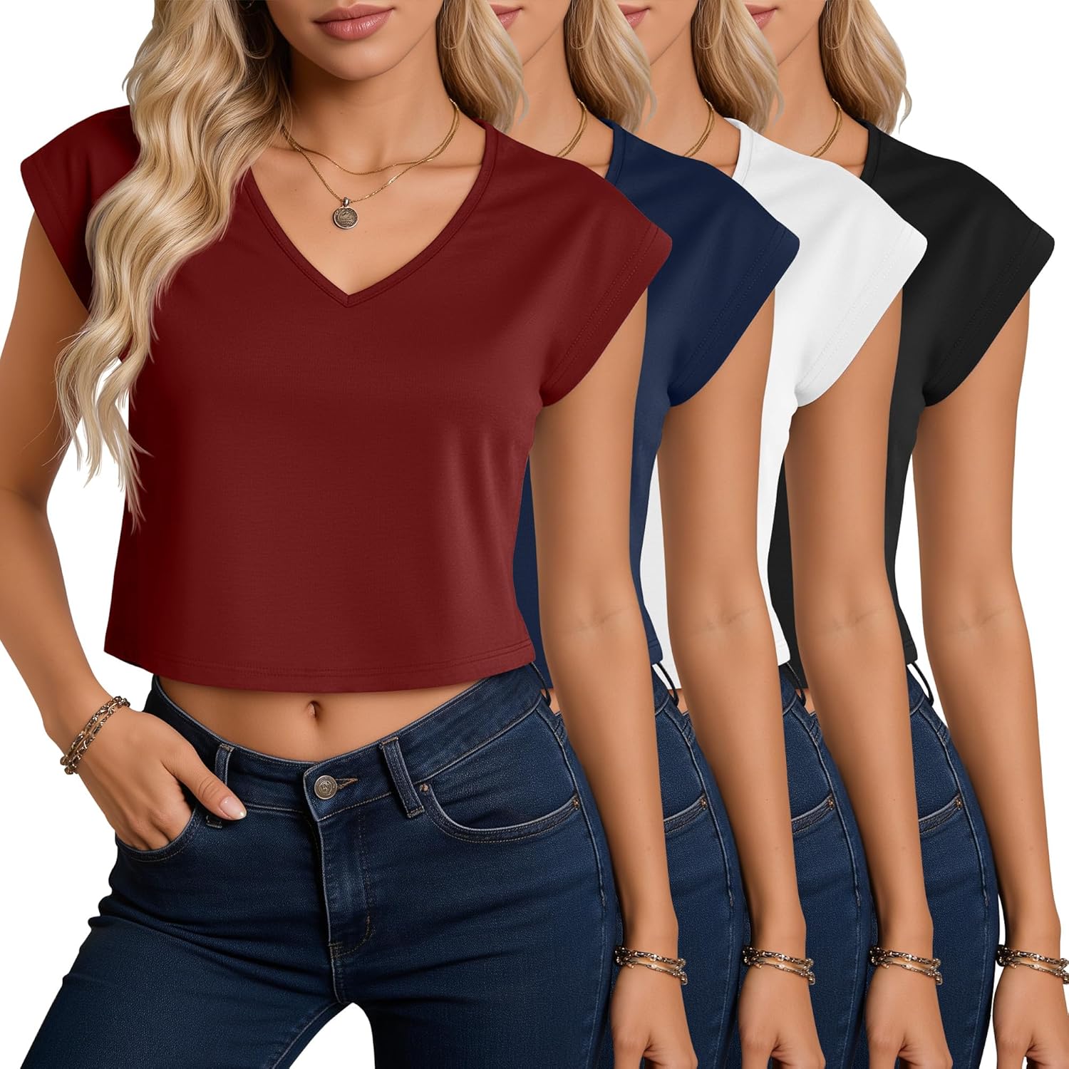 4 Pack Women's V Neck Cropped Tops Cap Sleeves Short T Shirts Loose Fit Casual Summer Crop Basic Solid Tees