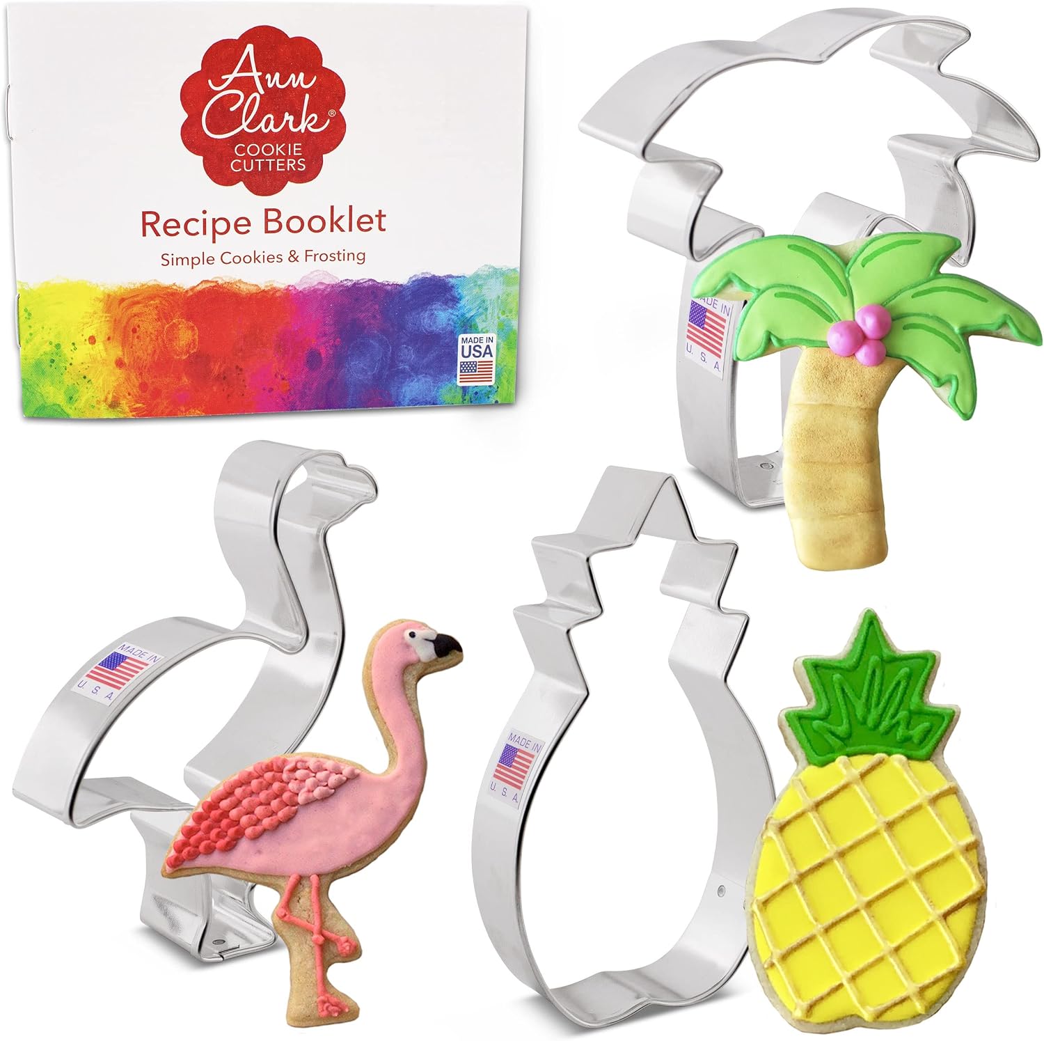 Tropical Hawaiian Cookie Cutters 3-Pc Set Made in USA by Ann Clark, Pineapple, Palm Tree, Flamingo