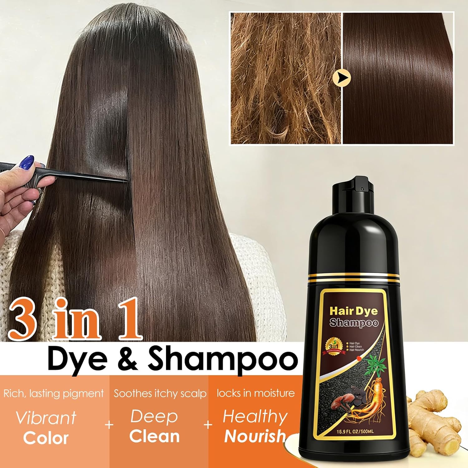 Hair Dye Shampoo 3 in 1 for Women & Men, Rich Root-to-Tip Coloring with Natural Extracts, 3-4 Weeks Lasting Smooth Shiny Finish, Easy Home Use for All Hair Types 16.9 fl oz (Blonde Brown) - Image 4