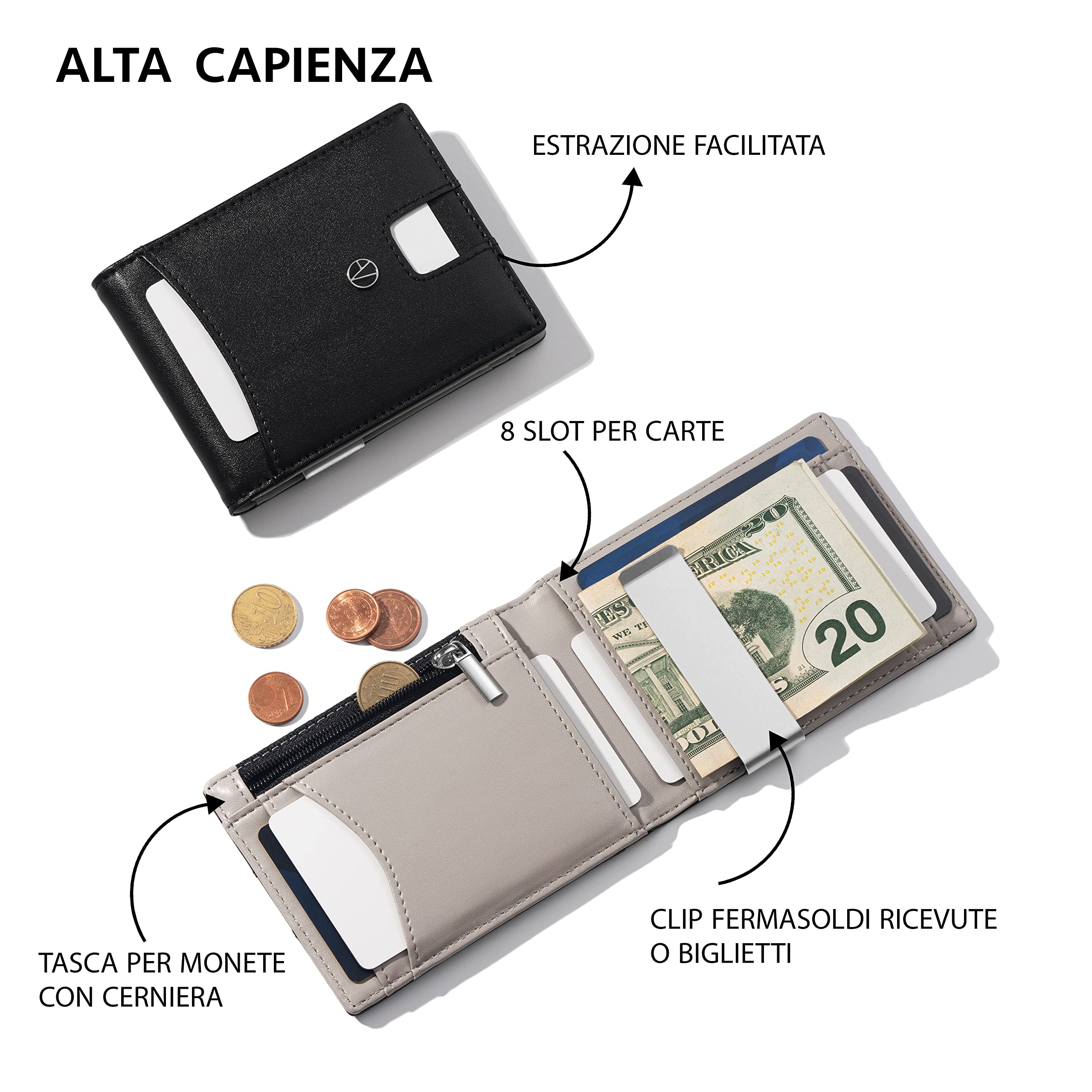 e-GALE Portafoglio uomo Slim - Con Protezione RFID - Elegante e Compatto, Non Gonfia le Tasche dei Pantaloni - Tanti Scomparti per Tessere, Banconote, Monete, Carte di Credito