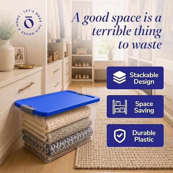 HOMZ 64 Quart Secured Seal Latch Extra Large Single Clear Stackable Storage Container Tote with Blue Lid for Home, Garage, or Basement (4 Pack)
