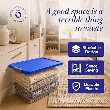 HOMZ 64 Quart Secured Seal Latch Extra Large Single Clear Stackable Storage Container Tote with Blue Lid for Home, Garage, or Basement (4 Pack)