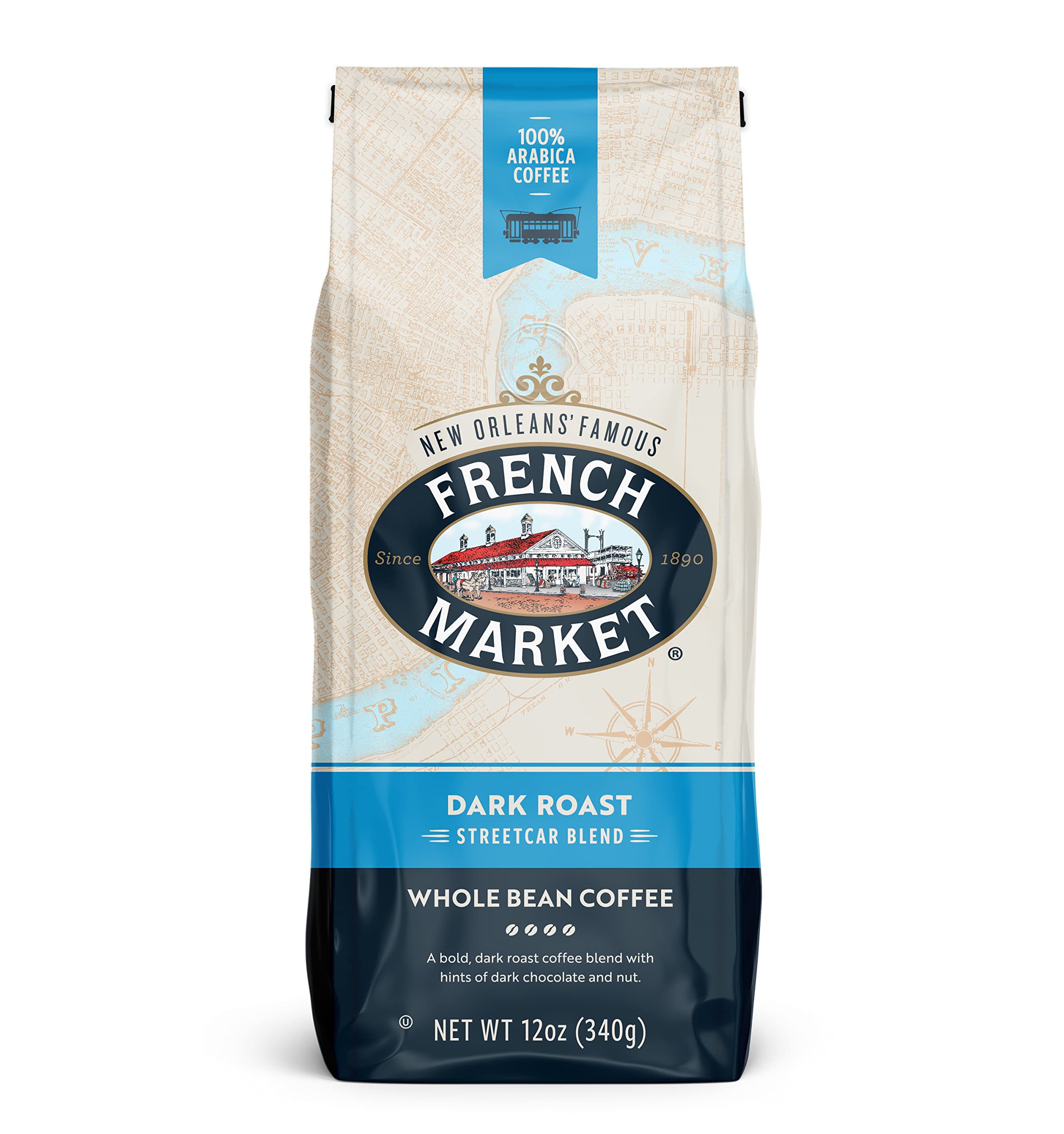 French Market Streetcar Blend Dark Roast Whole Bean Coffee, 12oz Bag (Pack of 1)