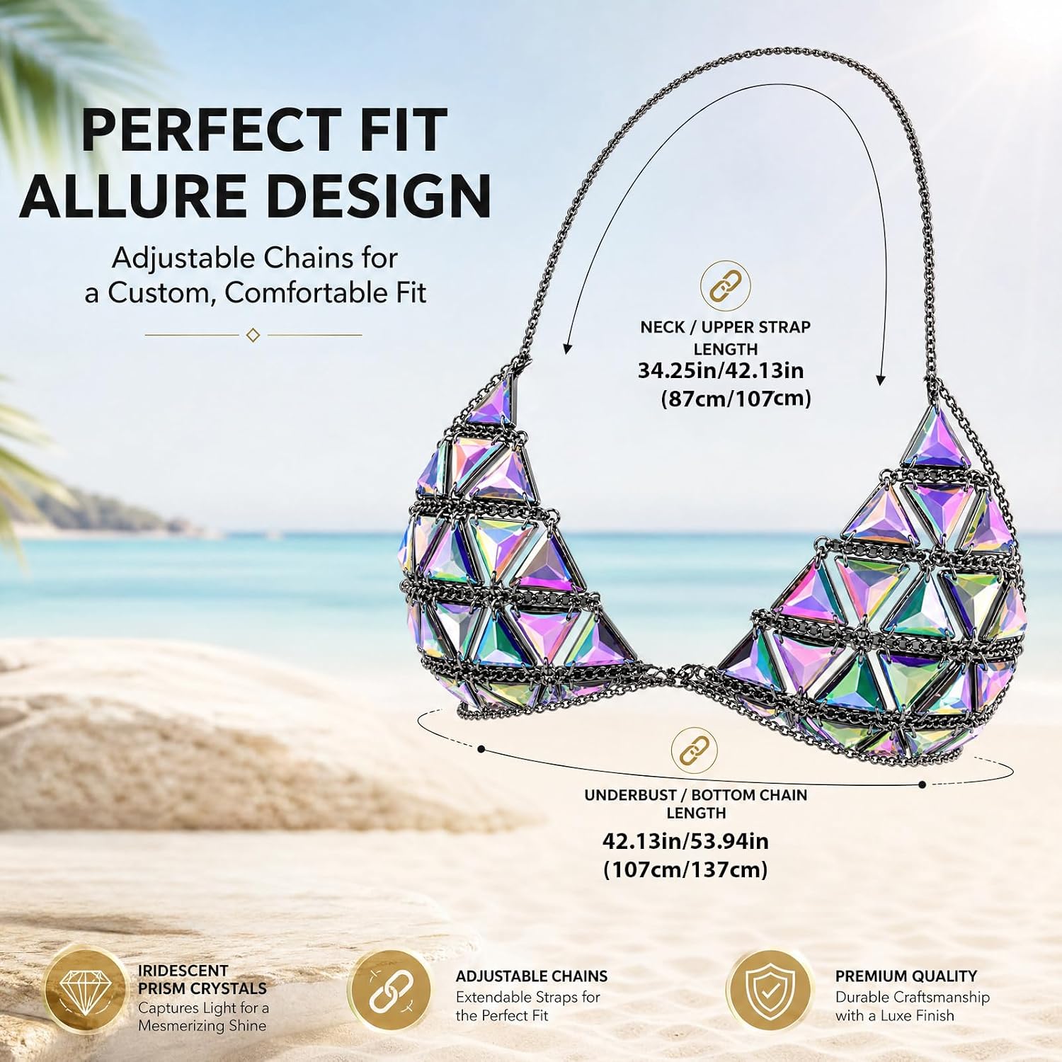1 Pack Geometric Triangle Body Chain, Alloy Chain with Iridescent Acrylic Triangle Pieces, Integrated Body Chain for Women, Rave Bikini Top Festival Wear