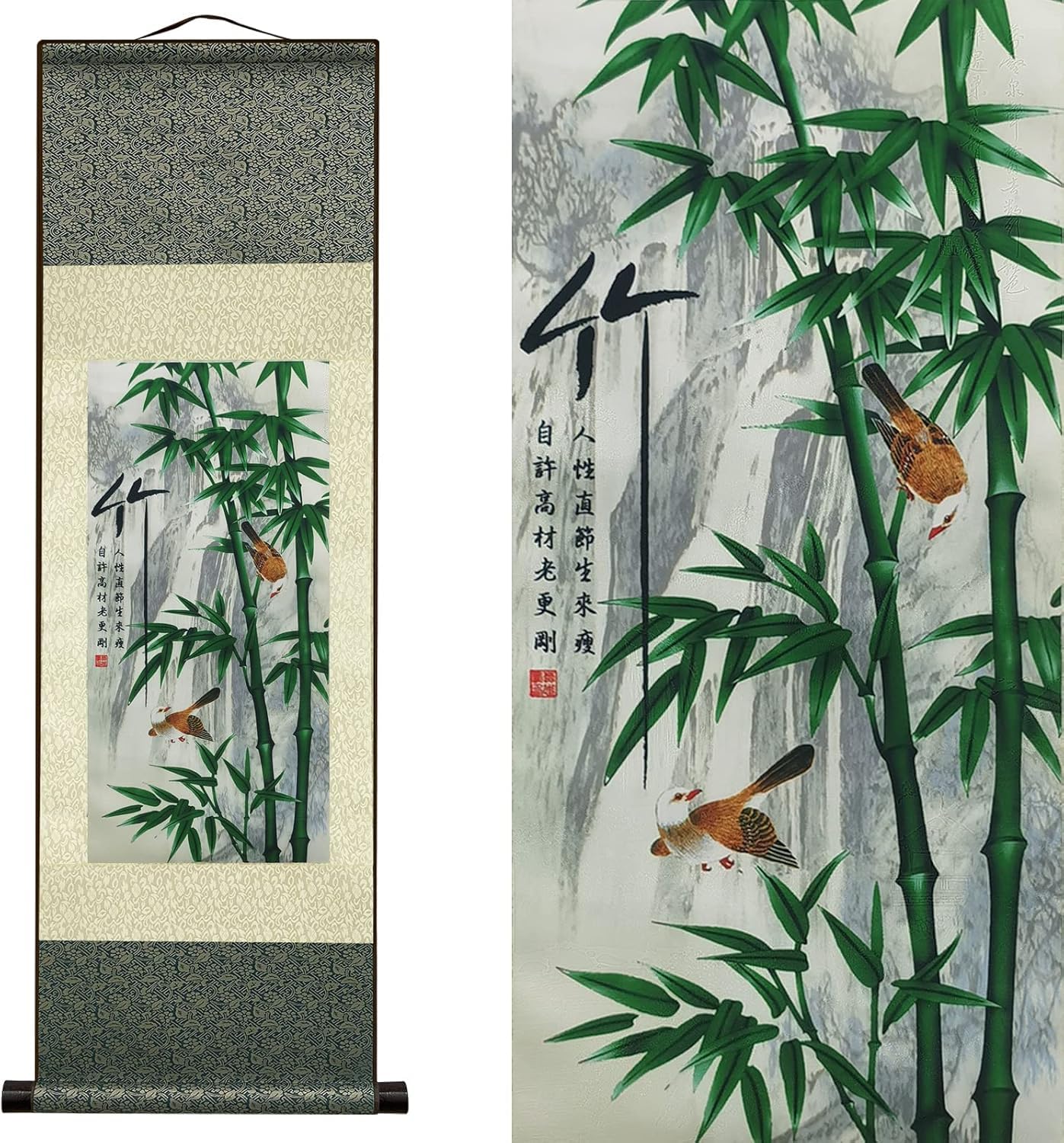 Atfart Men's F-04-3 Silk Scroll Painting Asian Wall Decor 4 Righteous Flowers - Plum Orchid Bamboo Chrysanthemum - Bamboo Beautiful Chinese Art Wall Scroll Hanging Painting Scroll Oriental Decor (36.2X12in)