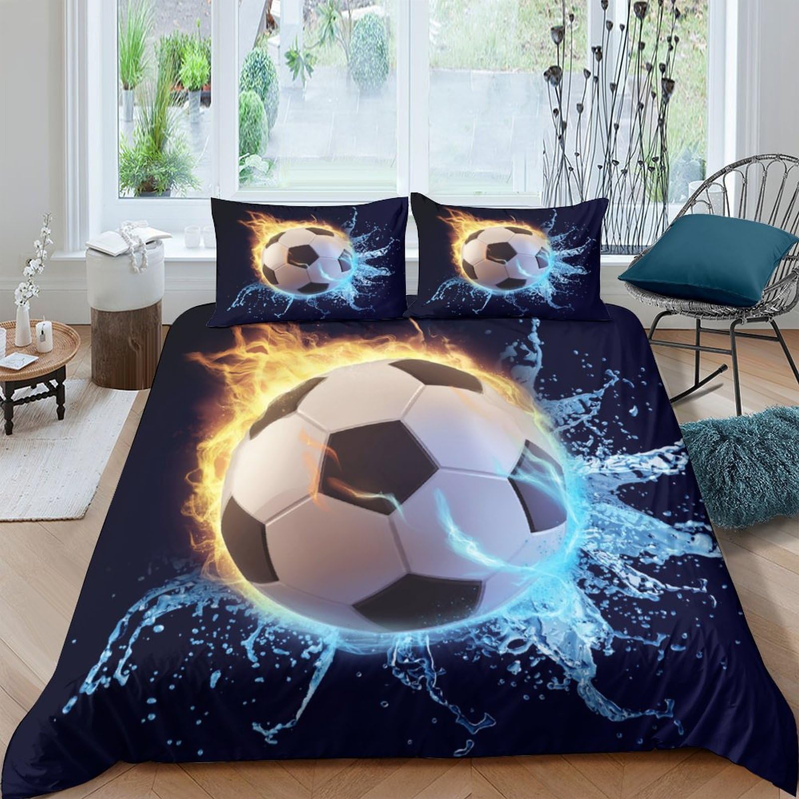 Ctjqhvkz Style-2 3D Printed Fire Soccer Fitted Sheet Microfiber Soft Breathable Water Splash Bed Cover For Bedroom Dorm Decor Single（135X200cm）