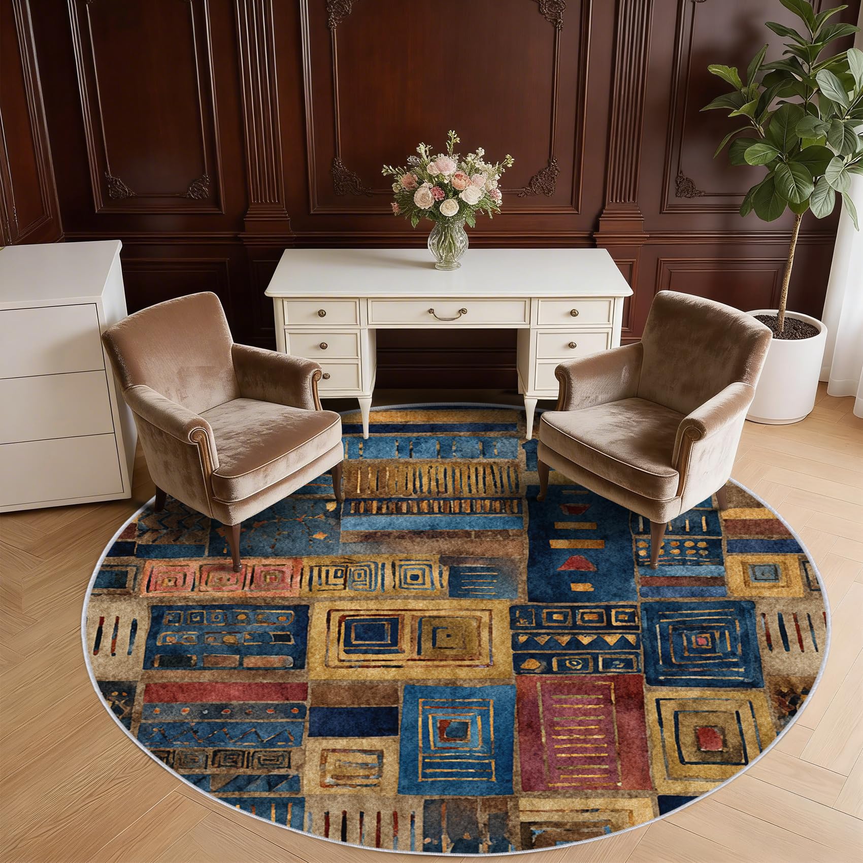 Tapis Rond Marocain Salon Chambre 100 cm de Diamètre | Motif Afrique Bleu Jaune, Antidérapant, Lavable, Poil Ras, Doux Carpet, Decoration, Moquette, Paillassons