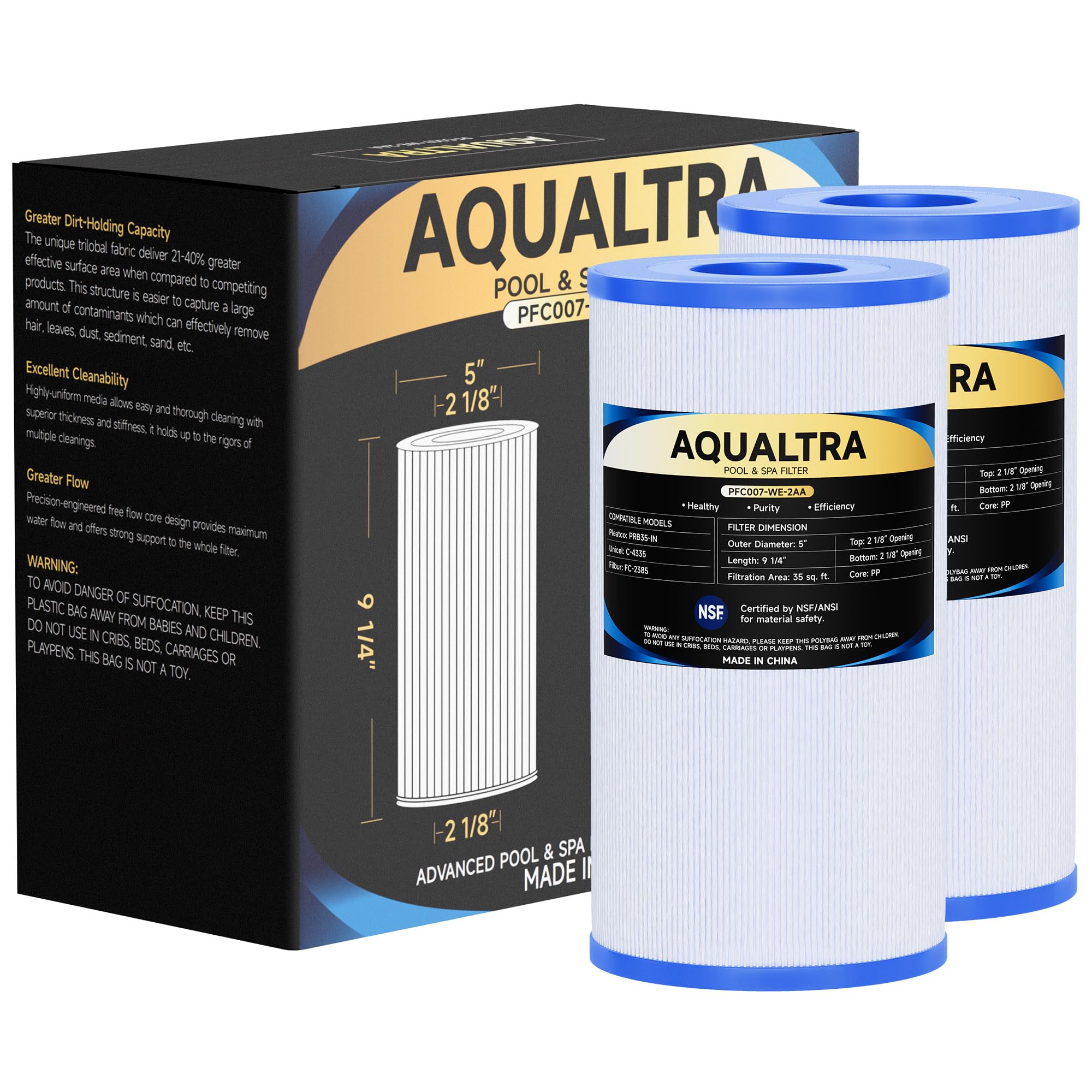 AQUALTRA Spa Filter Compatible with PRB35-IN, C-4335, FC-2385, Dynamic Series 03FIL1300, Waterway 35, Guardian 409-219, 5" x 9 1/4" Drop in Hot Tub Filter 2 Pack (White)