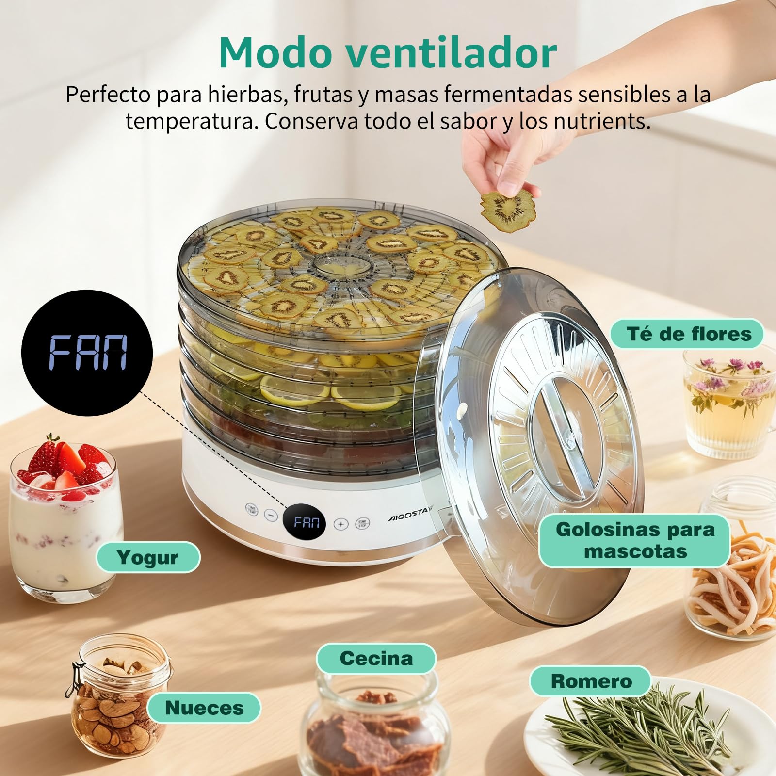 Aigostar Déshydrateur Alimentaire, Écran LED, 5 Plateaux sans BPA, Minuterie de 48 h, Déshydrateur avec Mode "FAN" et Température Réglable de 35 à 70°C, Silencieux, Livre de Recettes Inclus, 380 W