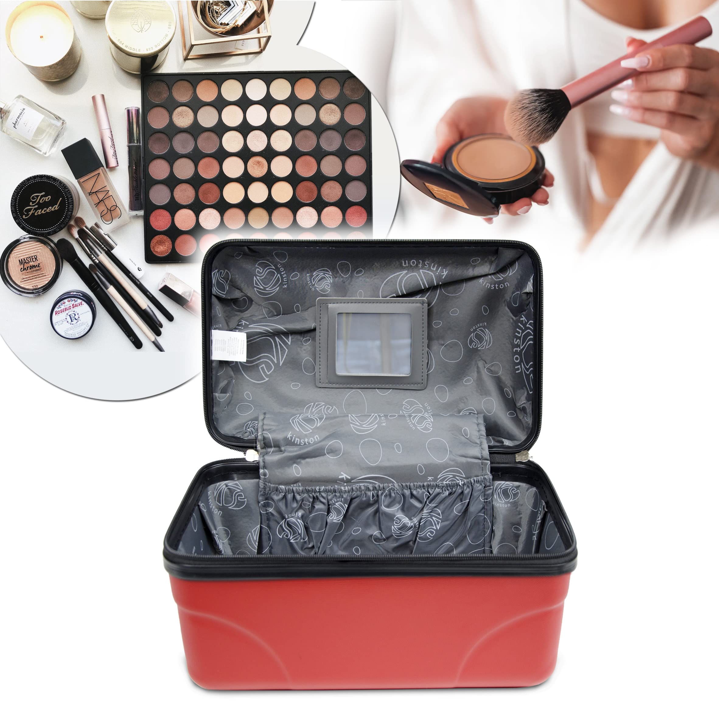 KINSTON Set de 2 Vanity Trousse de Toilette Voyage Cosmétiques, Rigide avec Poignée, Organisateur de Voyage, Boîte de Rangement - Grande capacité (Rouge)