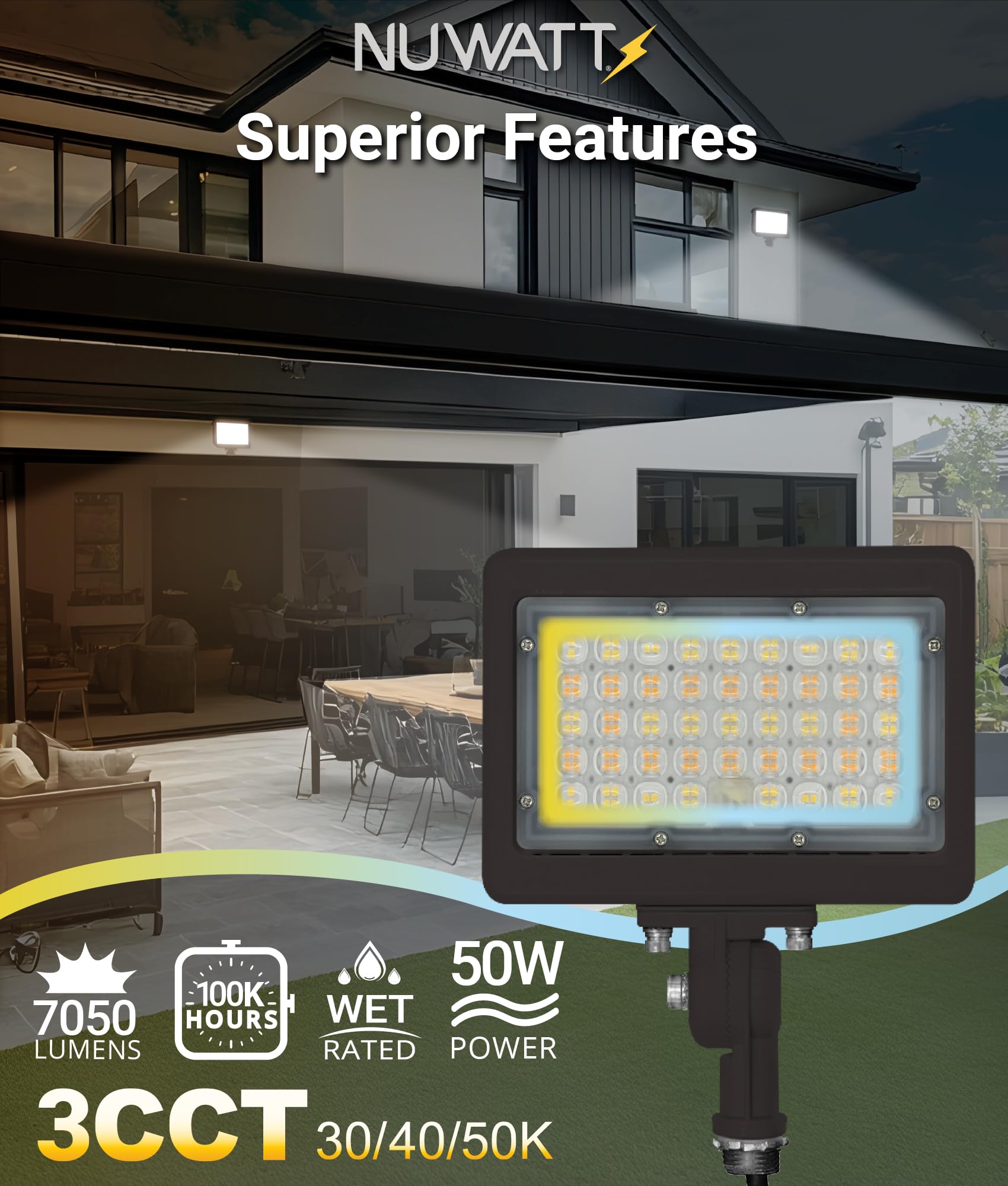 NUWATT LED-Flutlicht für den Außenbereich, 50 W, 1,27 cm Schaft-Halterung, wasserdicht, 7050 Lumen, 3 CCT Farbe wählbar, LED-Flutlicht für Hof, Garten, Garage, Gewerbe, 100–277 V, Bronze-Finish