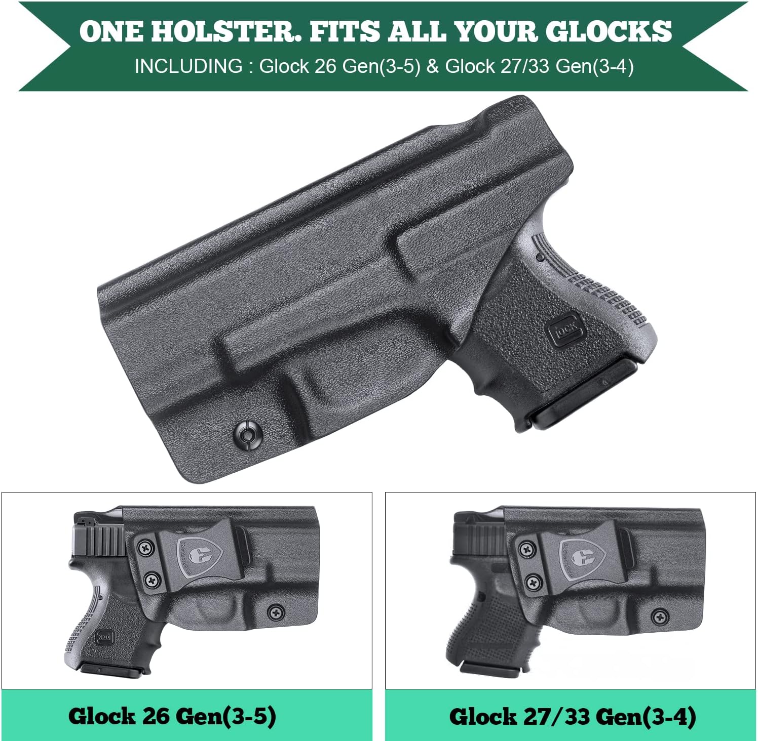 Glock 26/27/33 Holster - Not Fit Glock 27/33 Gen 5, IWB Kydex Holster Fit: Glock 26 Gen (3-5) & Glock 27/33 Gen (3-4) Pistol, Inside Waistband Conceal Carry Holster, Adj. Cant & Posi-Click Retention