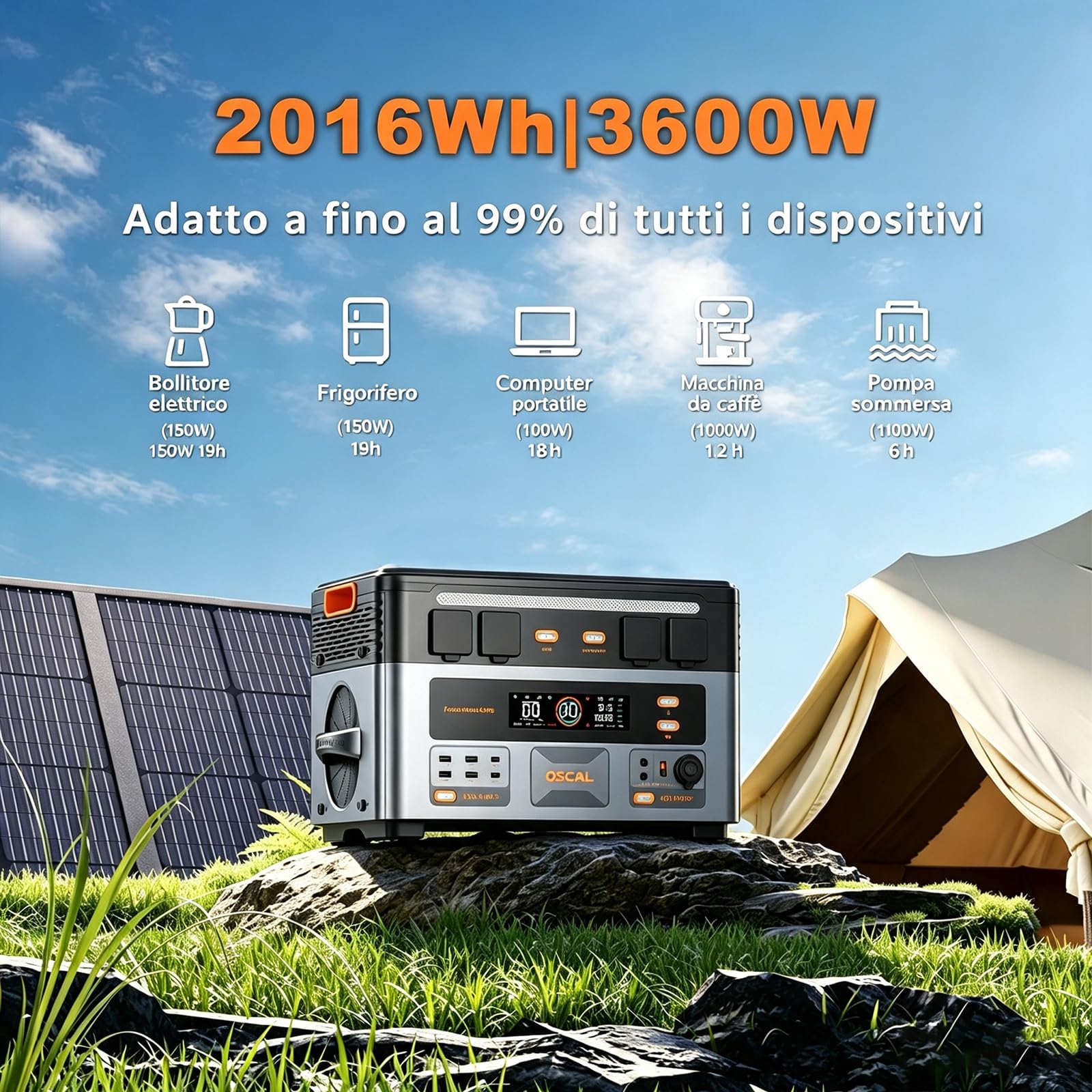 PowerMax 3600PE Centrale Elettrica Portatile con Pannello Solare 100W, 3600W Generatore Solare, Batteria LiFePO₄ 2016Wh, per Campeggio/Caravan/Emergenze (PM3600PE+100W)