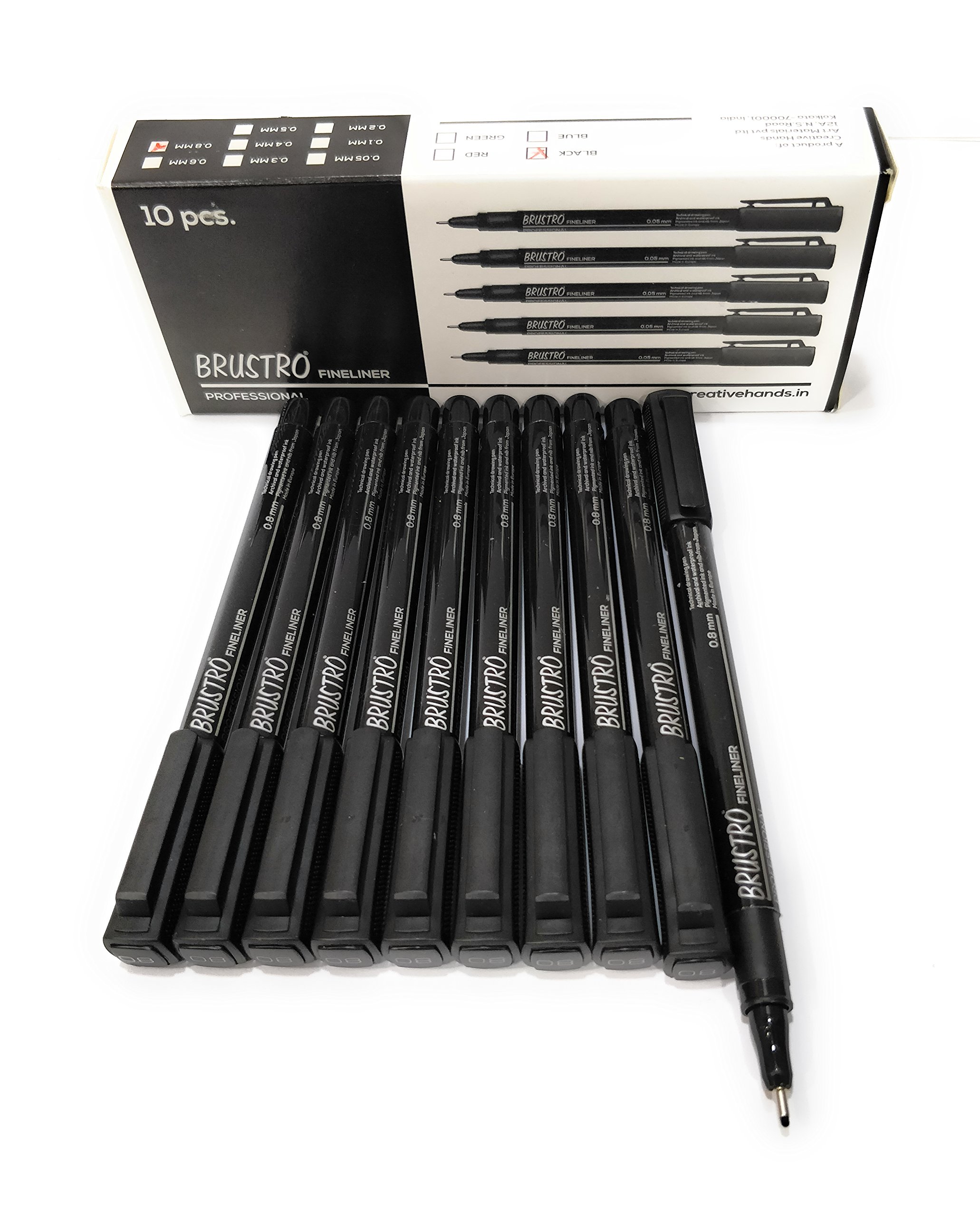 BRUSTRO Caja de 10 rotuladores profesionales a base de pigmentos (tamaños de punta de 0,8 mm, tinta negra y resistente a los rayos UV) con agarre cómodo, ideal para mandala, bocetos, escritura,