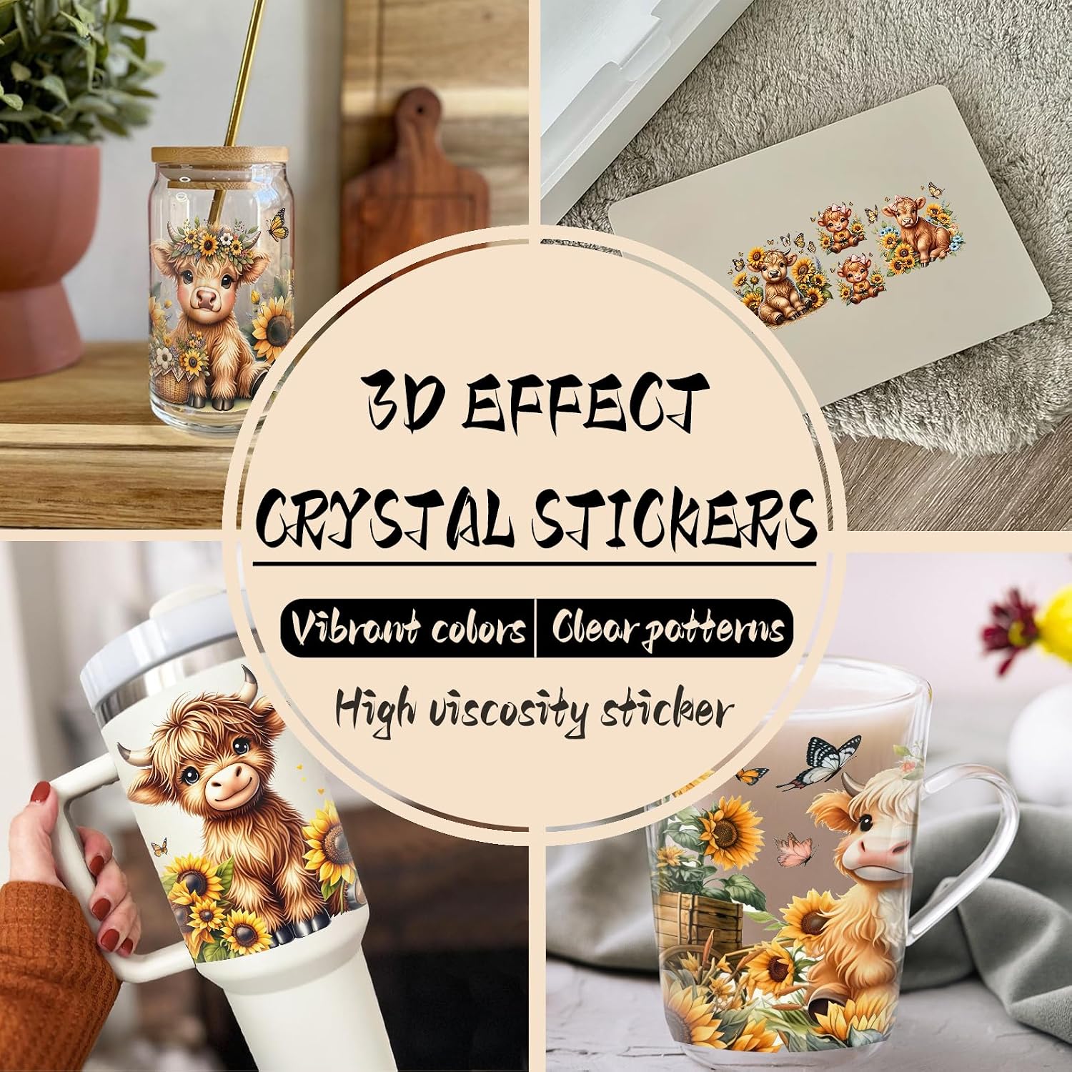 Highland Cattle UV DTF Cup Wraps 8 PCS for 16oz Glass Cans Tumblers Mugs Computers Tables Chairs High Viscosity Sticker