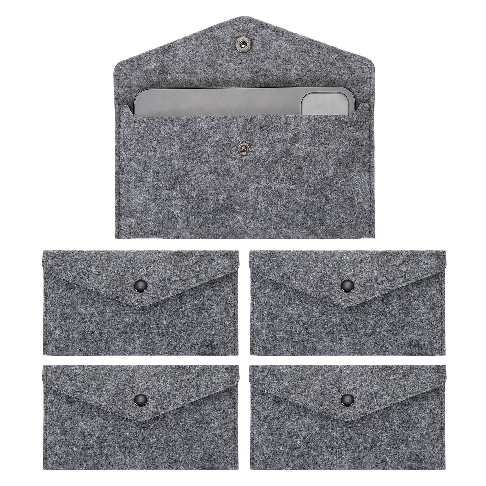PATIKIL 5Pcs Felt Money Bag, Felt Cellphone Sleeve Case Pouch Cash Bag Button Closure Cash Envelope Wallet Storage Pouch for Card Pen Sunglasses, Medium Gray