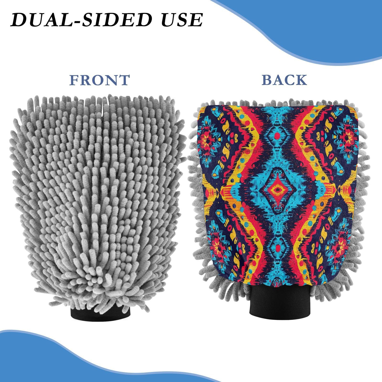 Flradish 2 Pack Vintage Ethnic Print Car Wash Mitt Chenille Microfiber Lint-Free Scratch Free Ultra-Soft Absorbent Car Wash Mitt 11.8x8.07 Inch