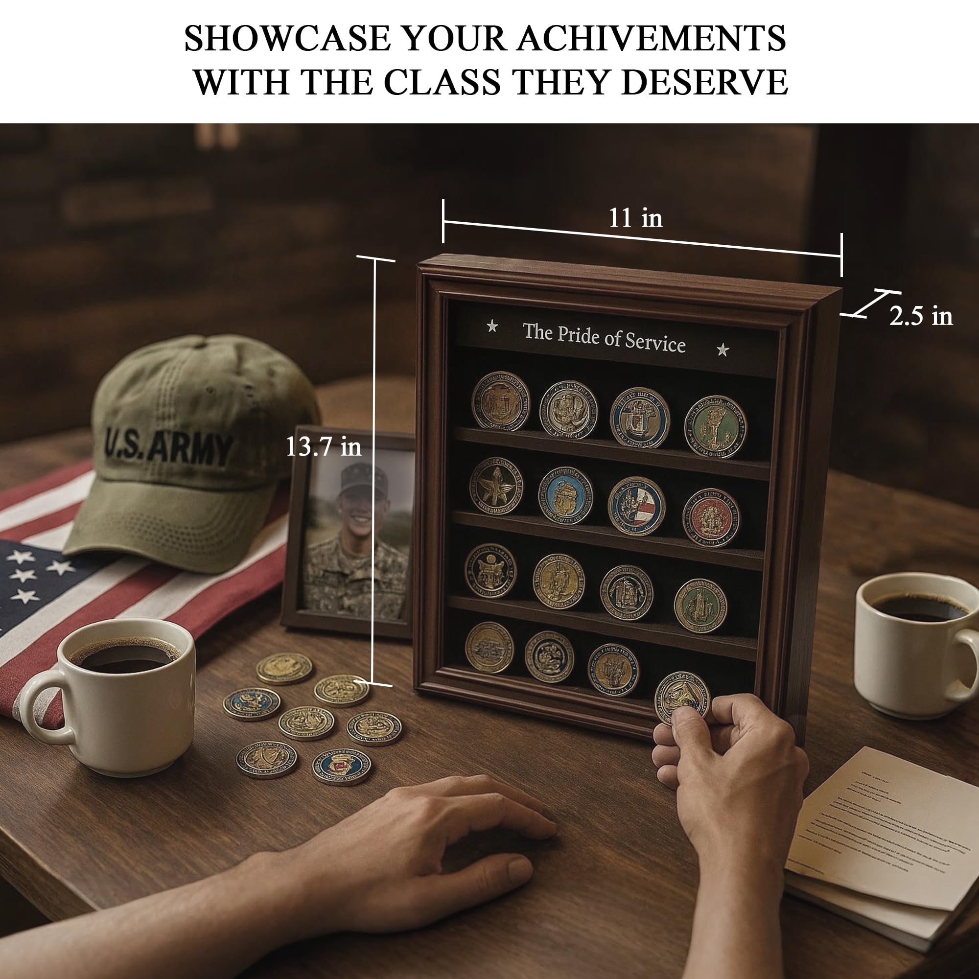 Treevers Challenge Coin Display Case – Military Shadow Box with Customizable Shelves & Pinnable Background – Holder for Coins, Medals, Badges, Patches – Wall Mount Rack for Army, Police, Firefighter