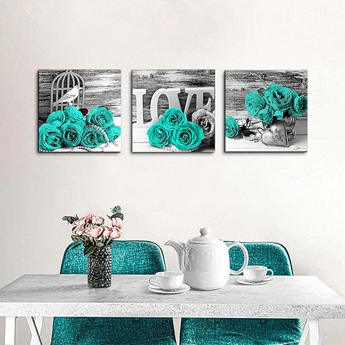 Miniatura 4 de Imágenes turquesas para decoración de pared, diseño de rosa verde azulado, accesorios de cocina, baño, arte de pared, arte de pared con flores