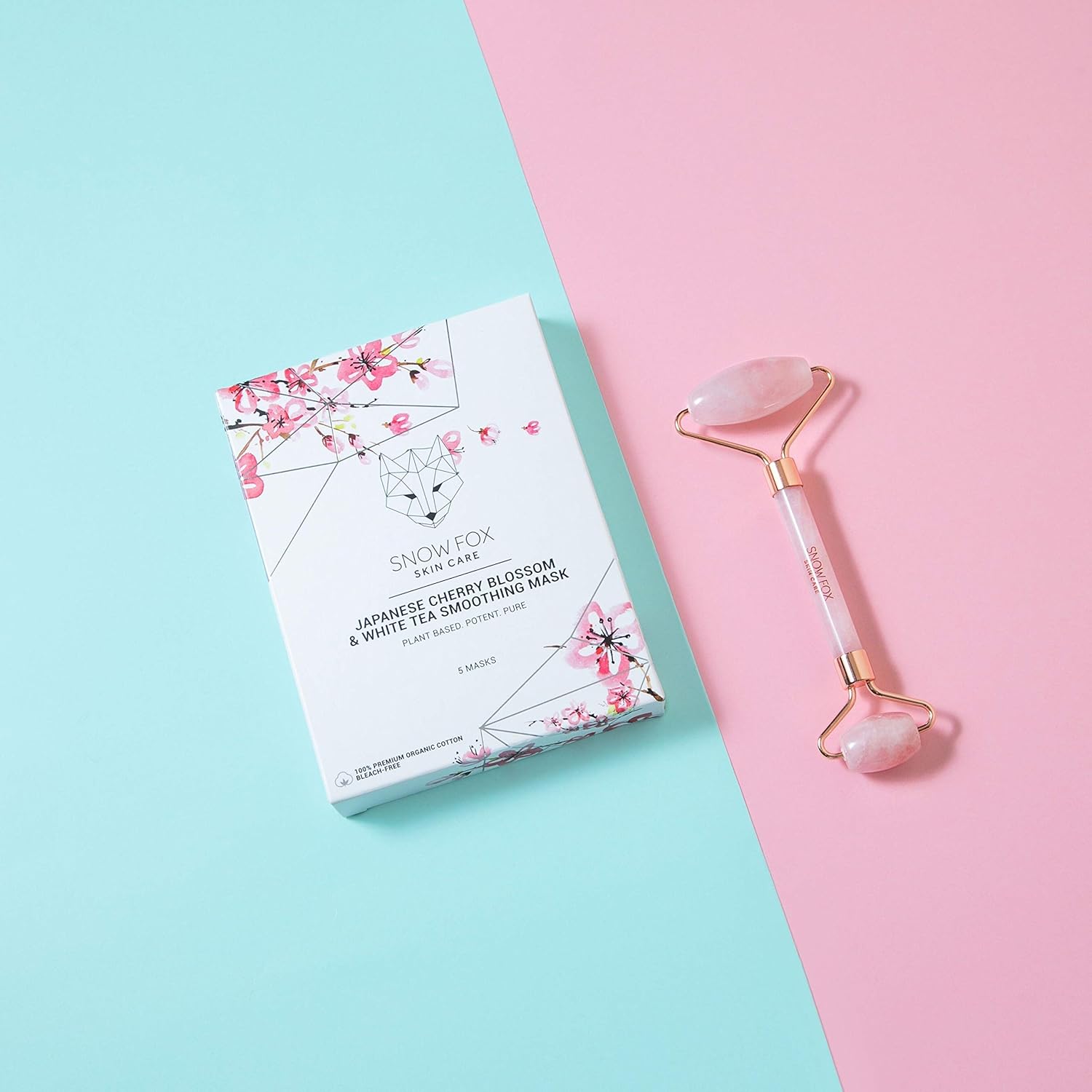 Snow Fox Pink Spring Set - Japanese Cherry Blossom & White Tea Smoothing Masks with Rose Quartz Facial Roller