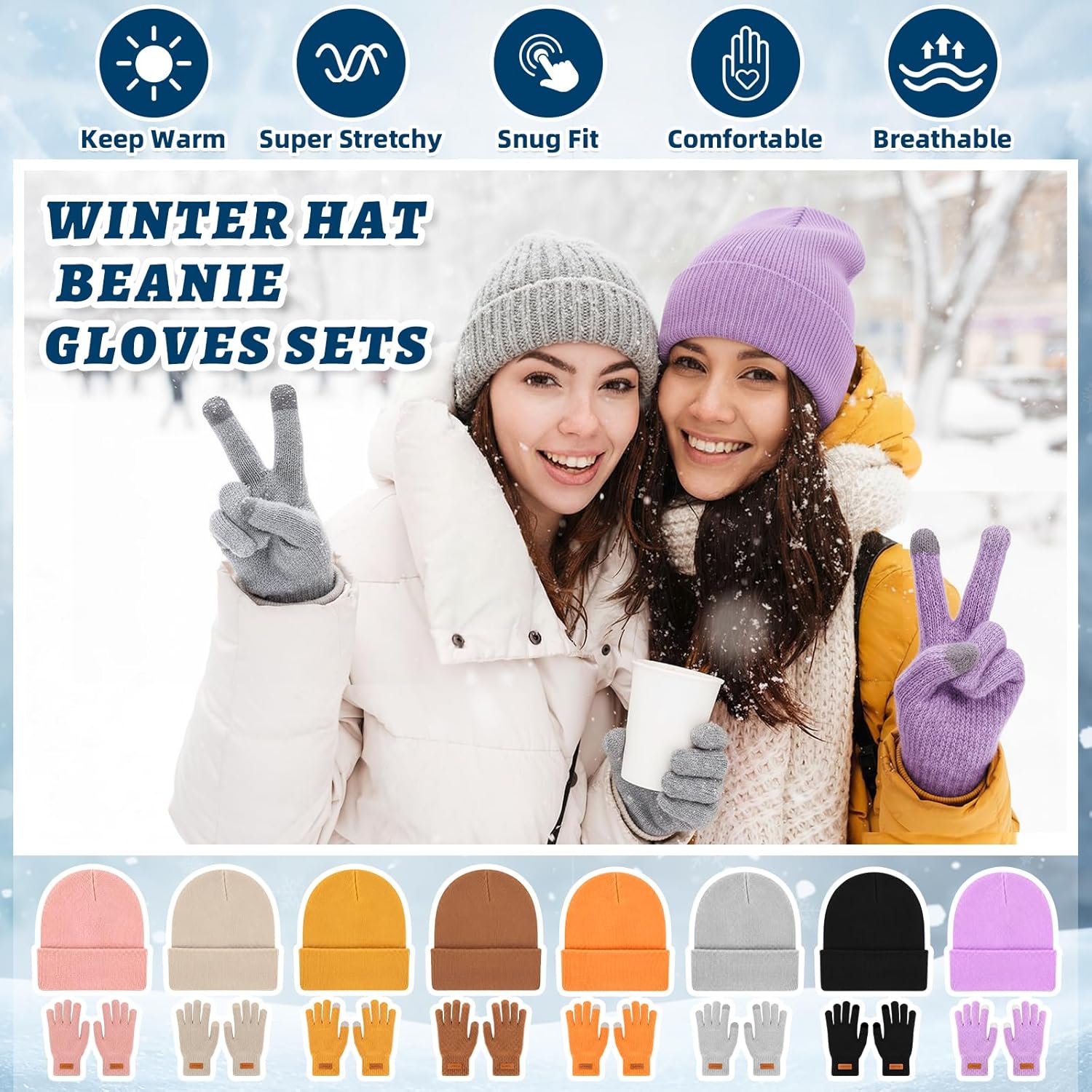 48 Pcs Winter Ski Beanies and Gloves Set for Adults Women Men Colorful Knit Hats Fleece Lined Touchscreen Gloves - Image 6