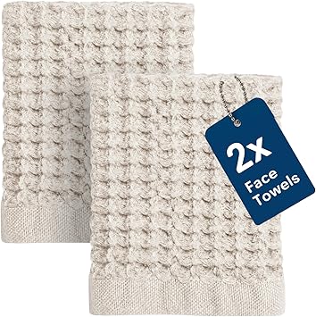 ONSEN Supima Waffle Face Towels, Quick Dry Lint Free 100% USA Cotton, Lightweight Absorbent Face Towel Set, 12x12 in Oatmeal, Face Towel 2-Pack