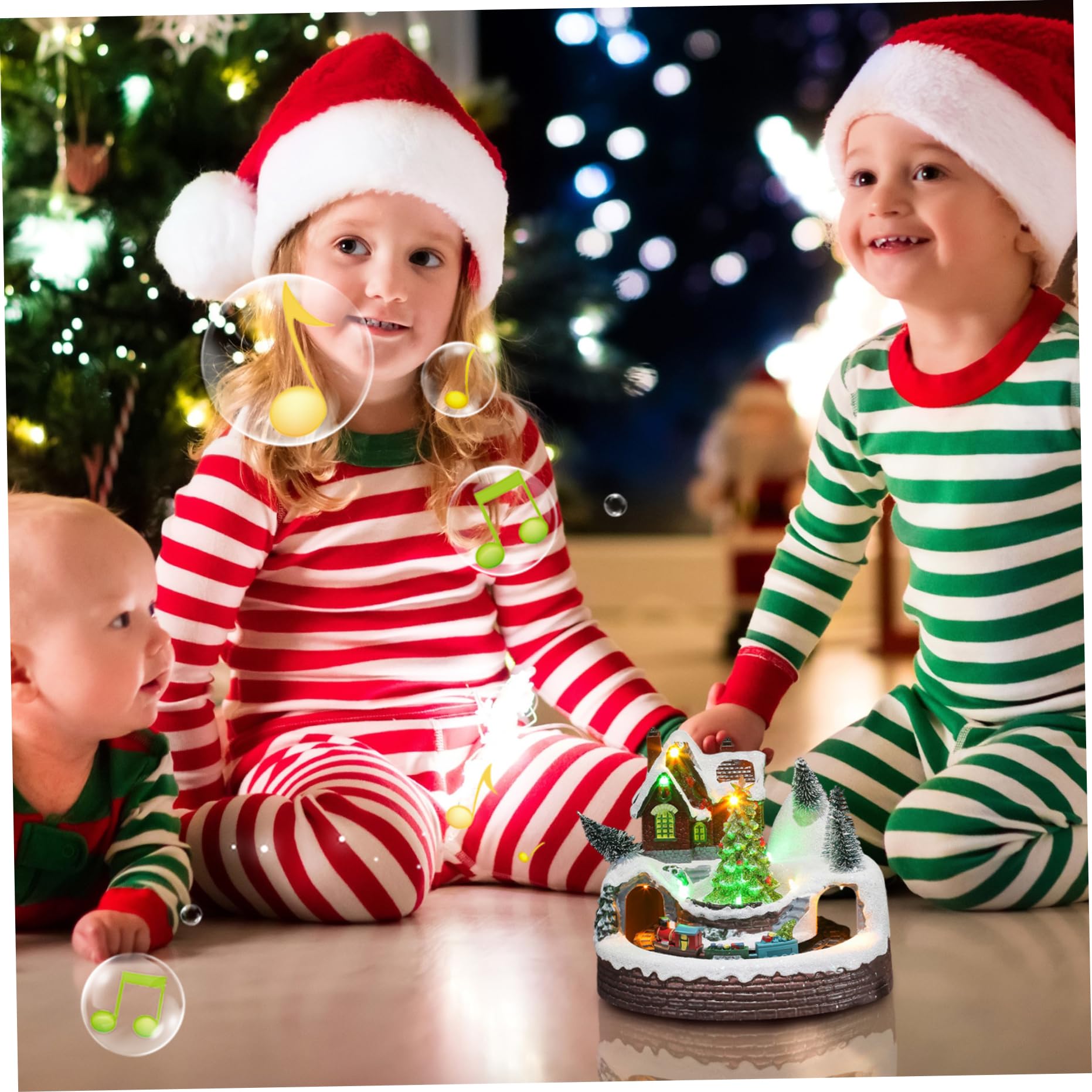 Figurines de Village de Noël avec Train tournant et Arbre Noël, Maison Village en résine avec Musique et lumière LED pour décoration fête, Ensembles