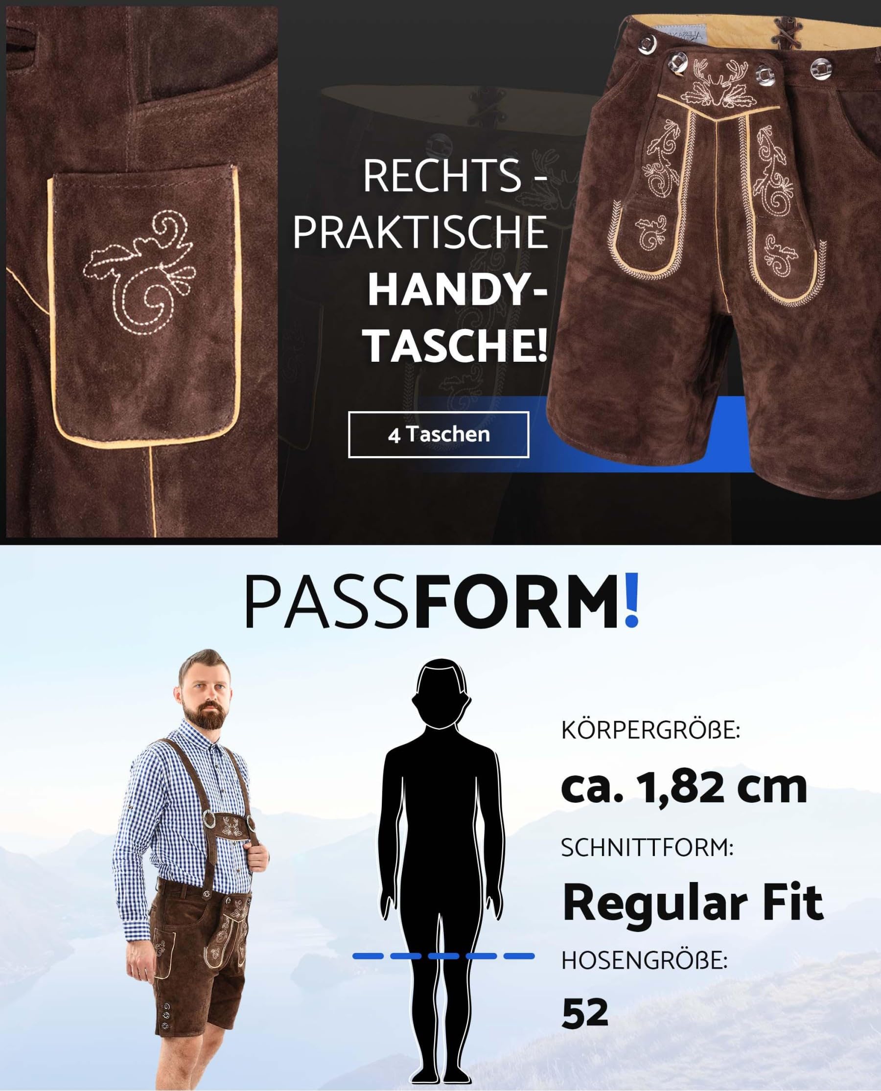 ALESSANDRO SALVARINI Herren Lederhose Tracht (Gr. 46-60) mit Träger - 100% Echtleder, Trachtenlederhose Kurz Oktoberfest Männer - AS-180