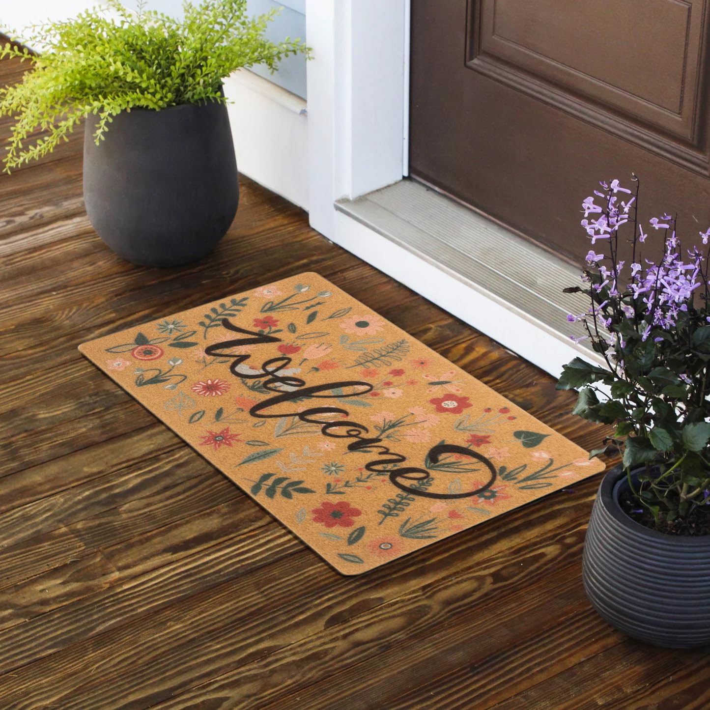 Zerbino Primaverile Con Bouquet Di Fiori Di Campo - 76x43 Cm, Fibra Di Cocco E Gomma, Antiscivolo Per Esterni E Interni