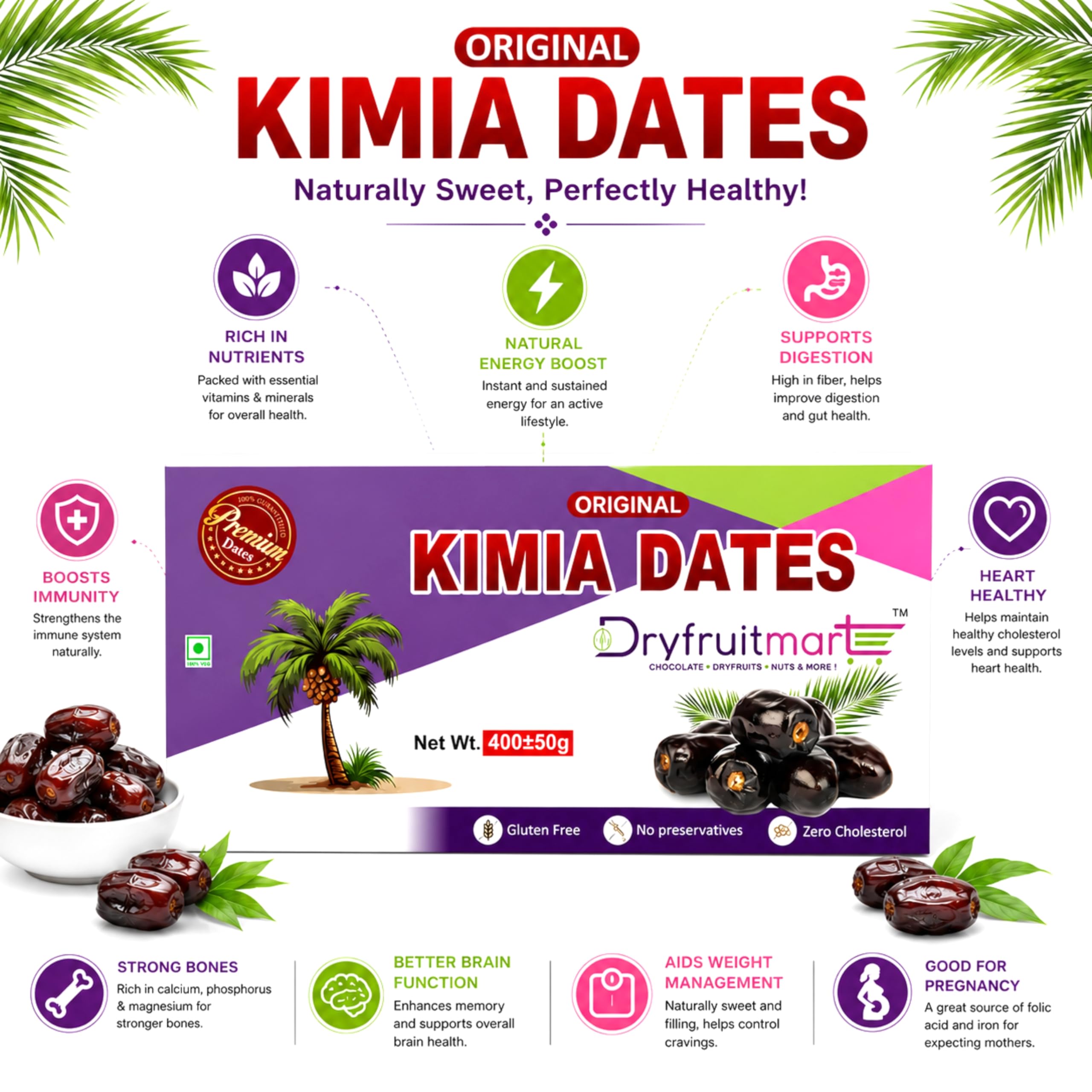Dryfruit Mart Original Kimia Dates (khajoor), 400g | Soft Premium Khajoor for Instant Energy, Digestion & Bone Strength | 100% Natural, No Preservatives & Gluten Free (Pack Of 3)