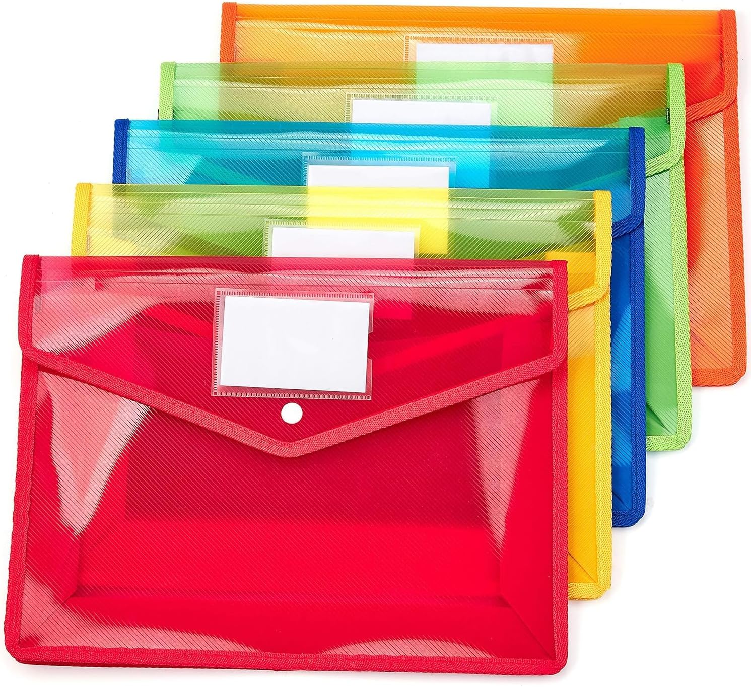 Transparent Envelope Folder, Poly-Plastic A4 Documents File Storage Bag with Snap Button (Assorted Color, Pack - 5)