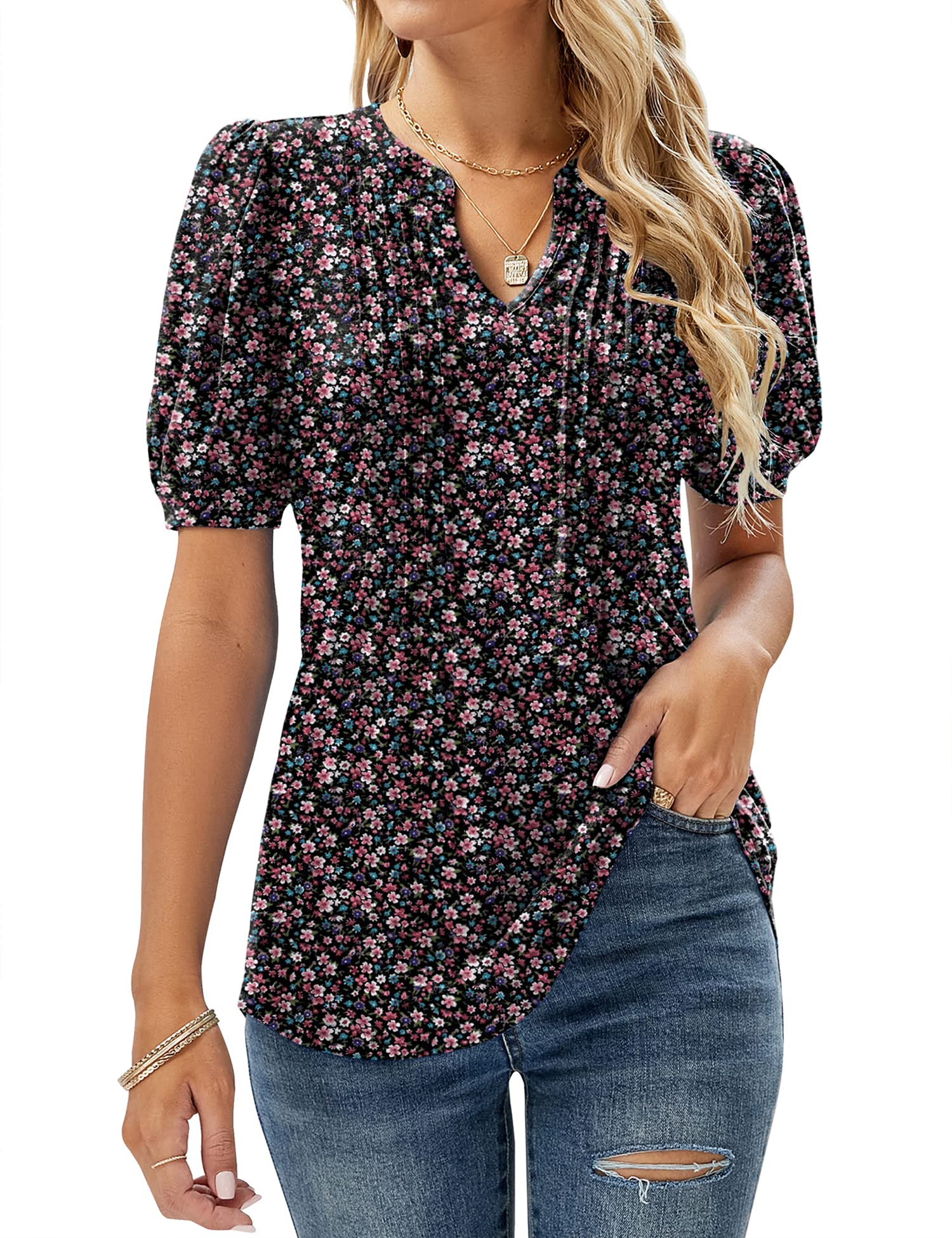 EFFAN Bluse Damen Kurzarm T-Shirts V-Ausschnitt Blumen Falten Tunika Sommer Oberteile Locker Lässig Longshirt…