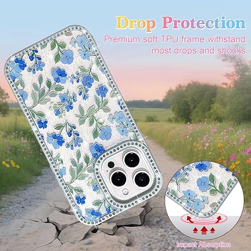 Miniatura 4 de EYZUTAK Funda de flores para iPhone 15 Pro Max, funda de teléfono con diamantes de imitación brillantes con borde de diamante brillante brillante,