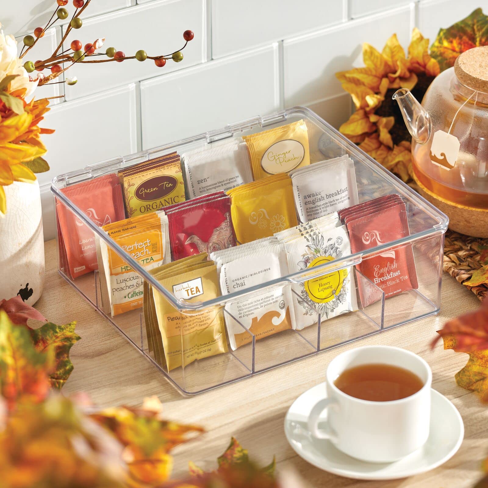 Organizador de cocina de plástico, práctica caja de almacenamiento con 12 compartimentos y tapa con bisagras, caja de almacenamiento de despensa con tapa para té, café, especias y otros 2