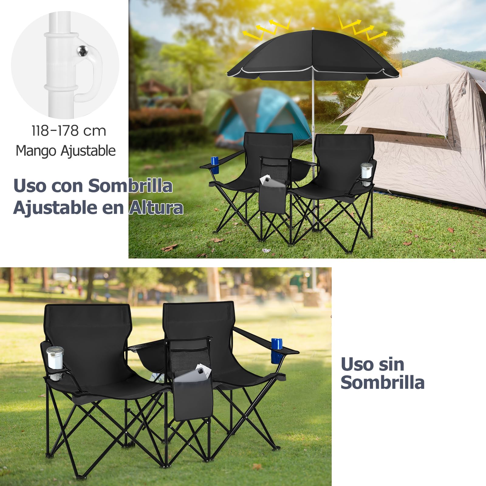 GIANTEX Juego de 2 Sillas de Camping Plegables con Sombrilla, Sillas de Pesca para 2 Plazas con Portavasos y Bolsa Nevera, para 2 Personas, con Bolsa de Transporte (Negro)