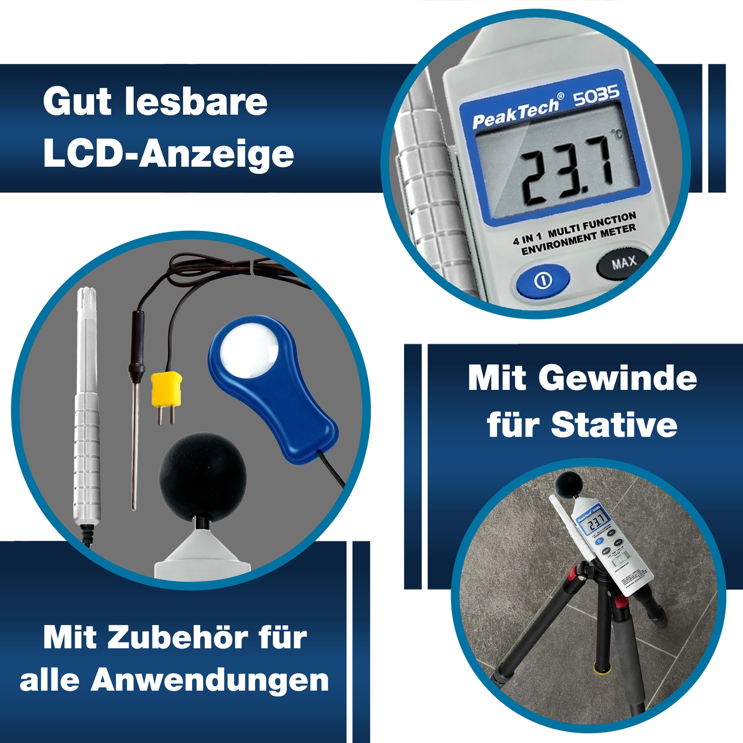 PeakTech 5035 – Appareil de Mesures Environnementales Multifonction 4 en 1, Son, Température, Humidité et Luminosité, Écran LCD, Capteur Type K, Fonctionnement sur Piles - 250g