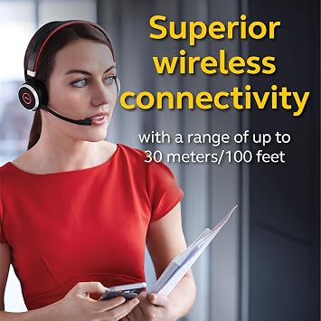 سماعة رأس لاسلكية Jabra Evolve 65 UC، ستيريو تتضمن محول USB Link 370 وسماعة رأس بلوتوث مع أداء لاسلكي رائد في الصناعة، وإلغاء الضوضاء السلبي، وبطارية طوال اليوم، ومكبر صوت ستيريو
