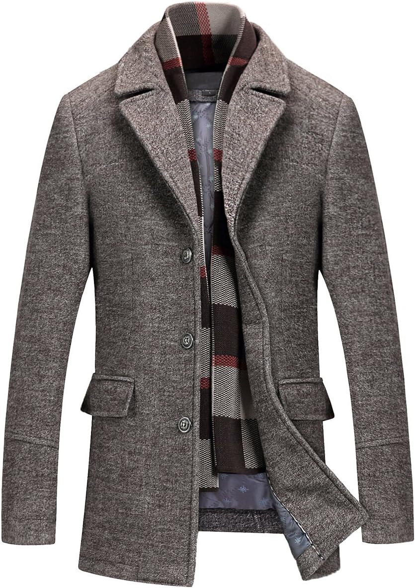Mirecoo Men's Elegant Winter Warm Short Woolen Coat Business Jacket Free Detachable Soft Touch Wool Scarf