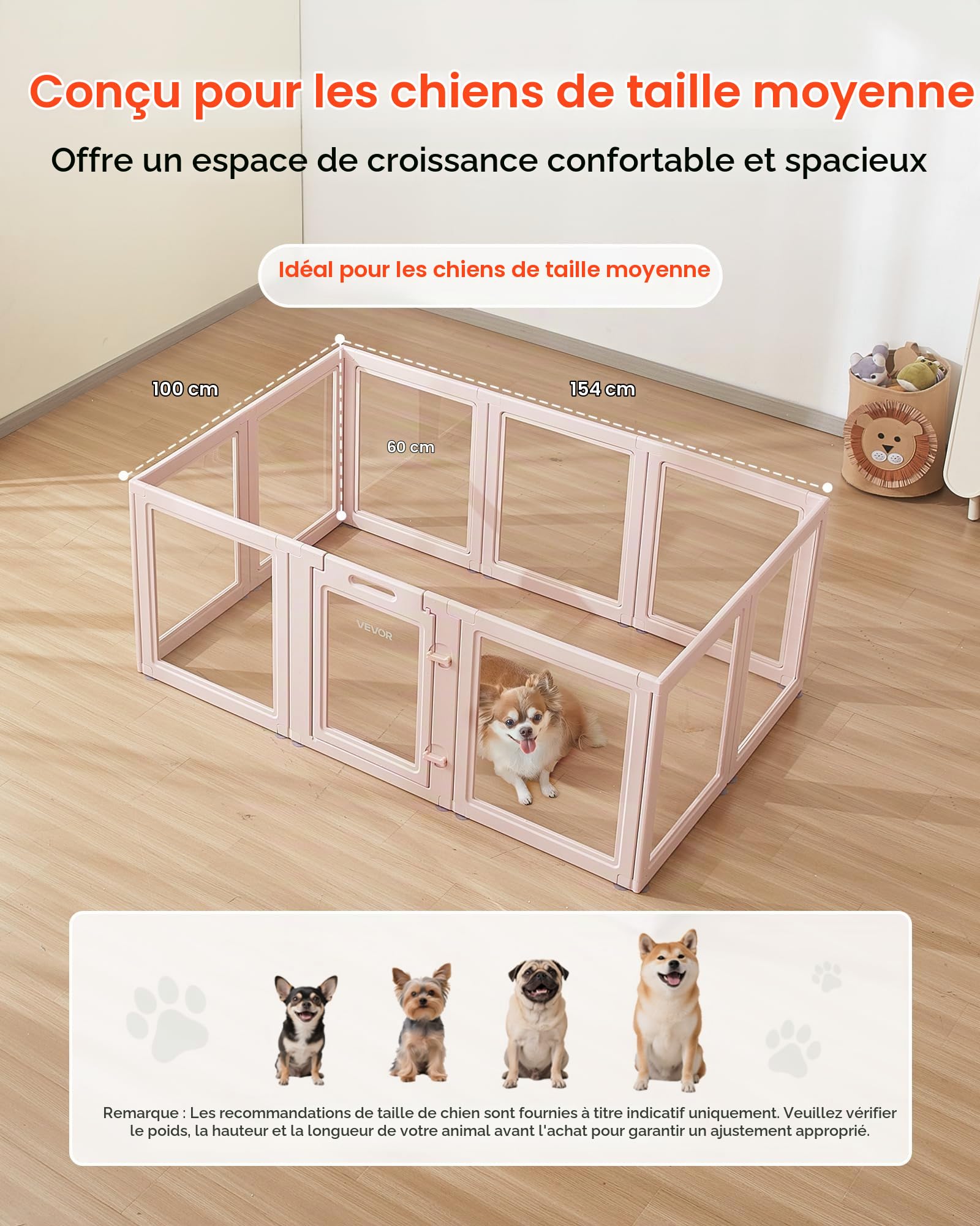 VEVOR Parc de Mise Bas pour Chien, 154 x 100 x 60 cm, Caisse de Mise Bas pour Chiots, avec Fenêtres Transparentes et Serrure, Cadre Rose Clair, Kit de Naissance Durable pour Chiens de Taille Moyenne