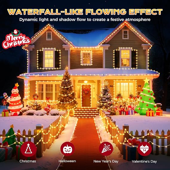 Marchpower Christmas Strip Lights Warm White - 98FT 600LED 9 Modes Chasing Clear Christmas Tree Lights, Waterproof Plug in Xmas Strip Light for Outdoor Indoor House Decor