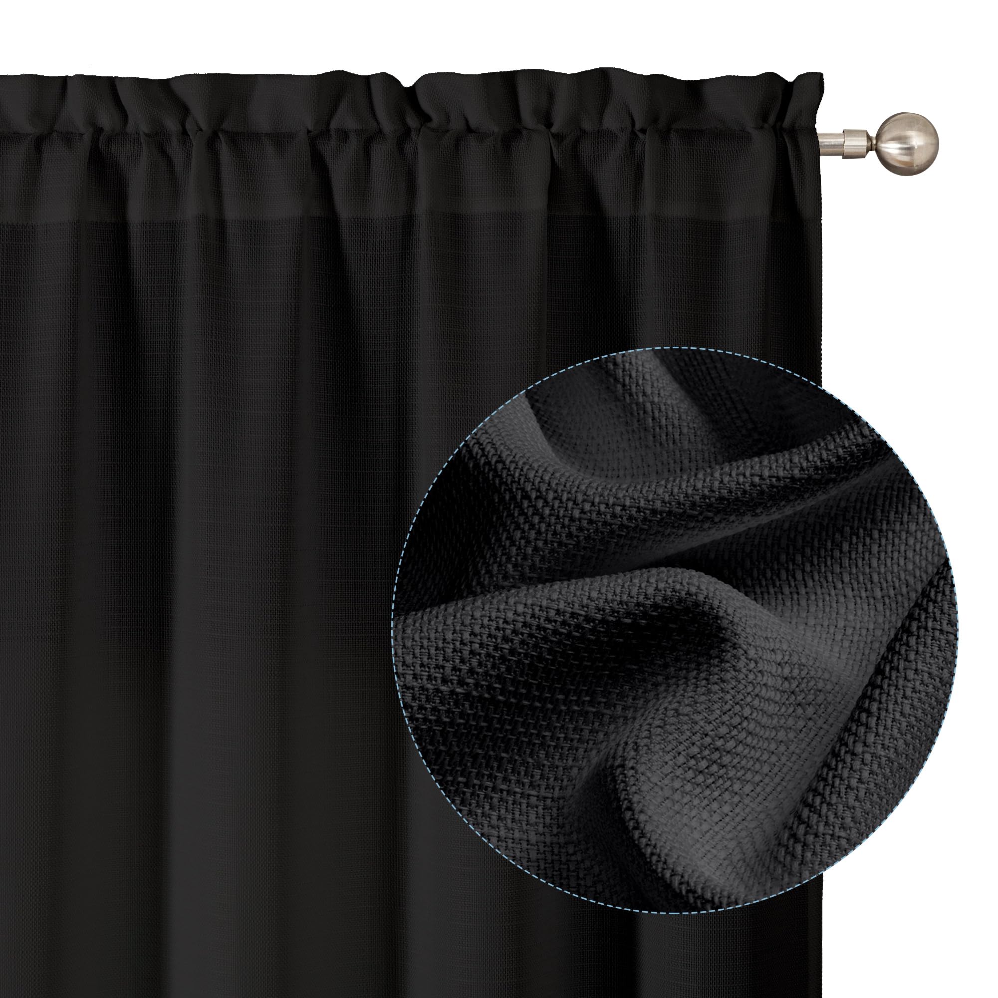 Chyhomenyc Black Curtains 45 Inch Length 2 Panels, Faux Linen Textured Semi Sheer Light Filtering Soft Airy Rod Pocket Window Treatment Drapes for Living Room Bedroom, Each 30" Wx45 L
