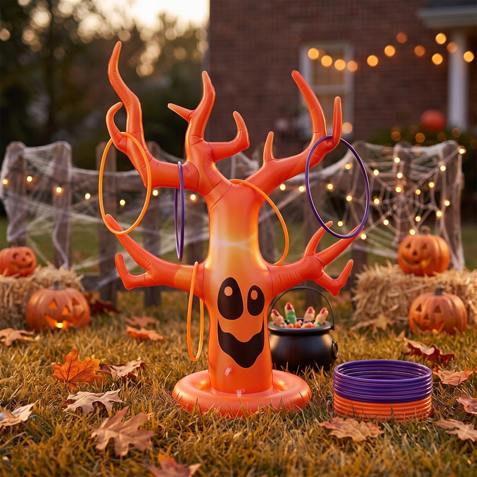 16 Pcs Halloween Inflatable Ring Toss Party Games, Ghost Tree, Orange