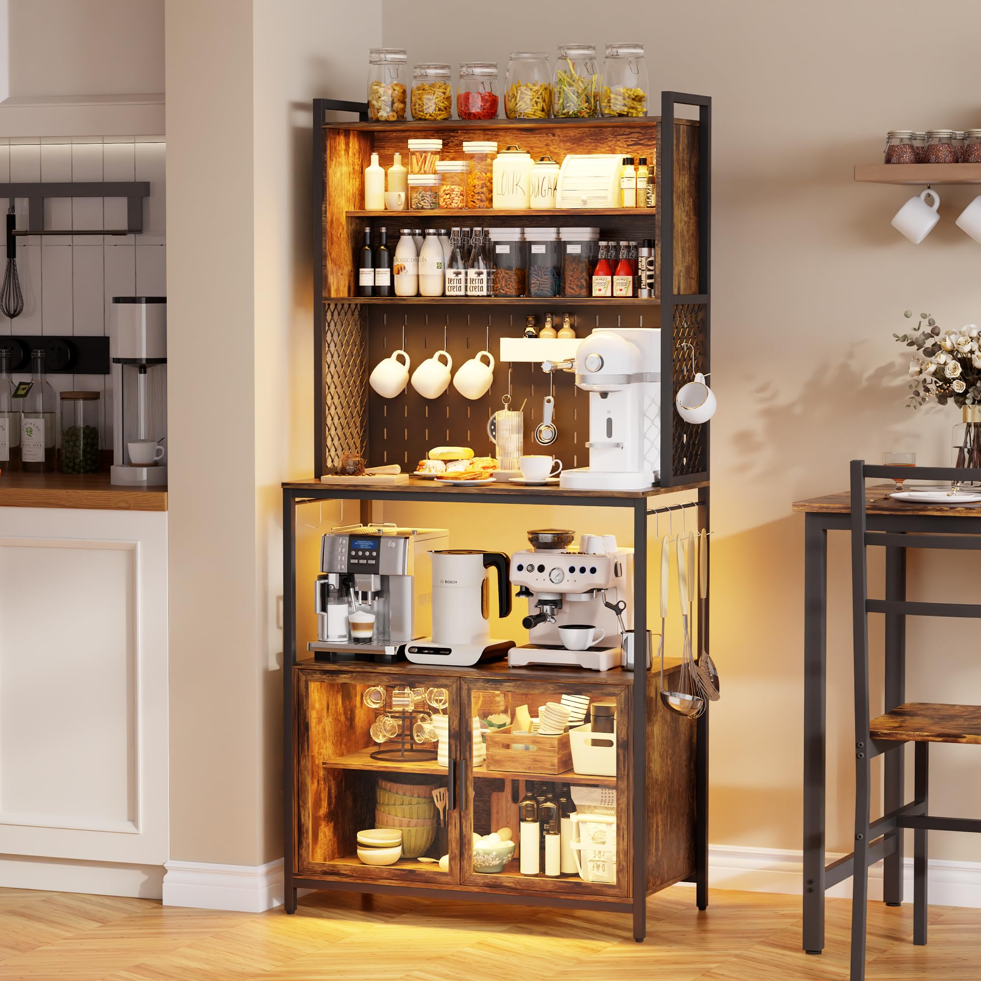 Moderner Küchenschrank Mit LED-Beleuchtung & Glastüren - 80x40x180cm Vitrinenschrank Mit Weinglashalter